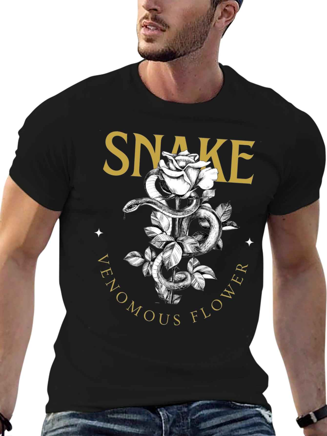 Snake Venomous Flower T-Shirt - Graphic Print Black Tee