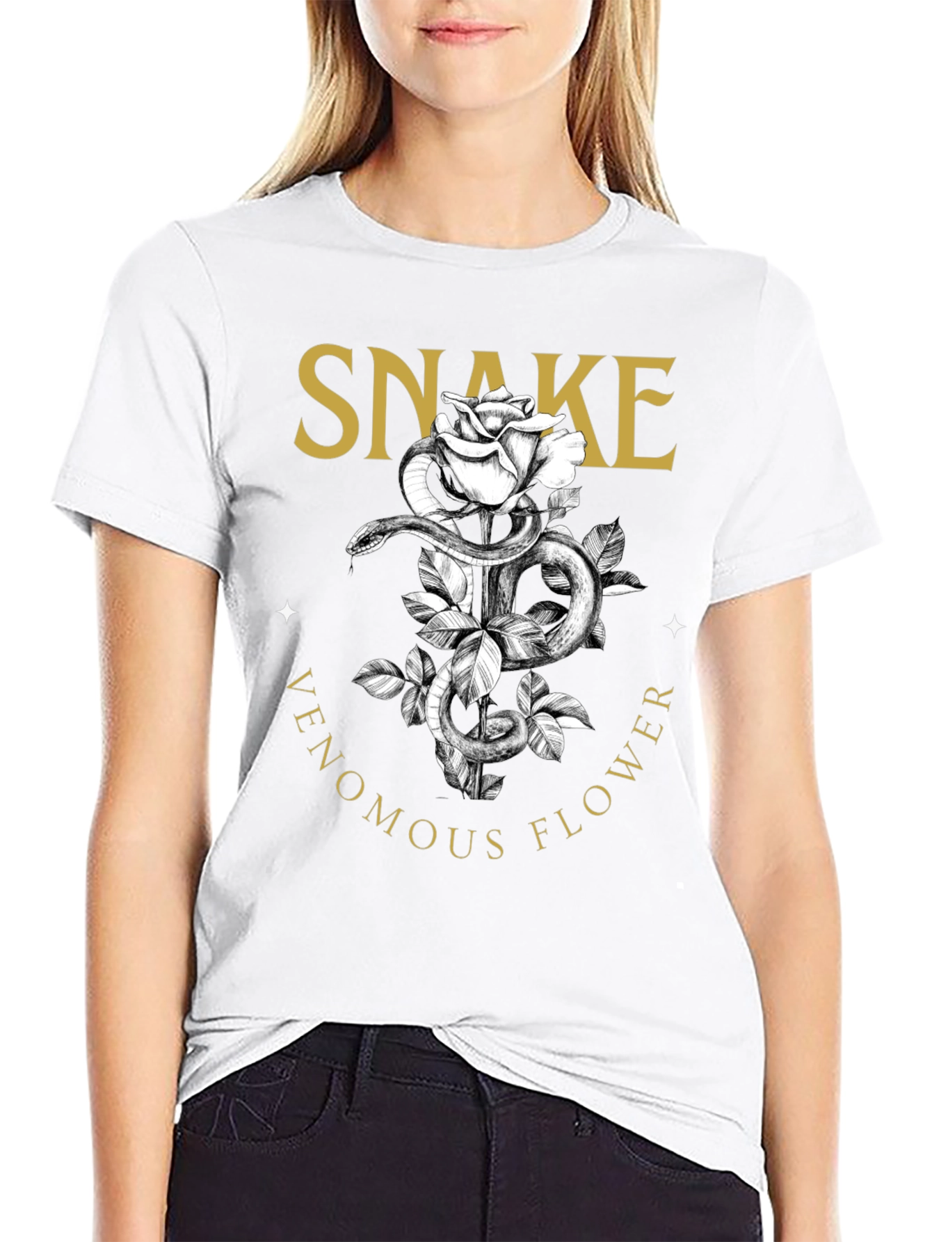 Snake Venomous Flower T-Shirt - Graphic Print Black Tee
