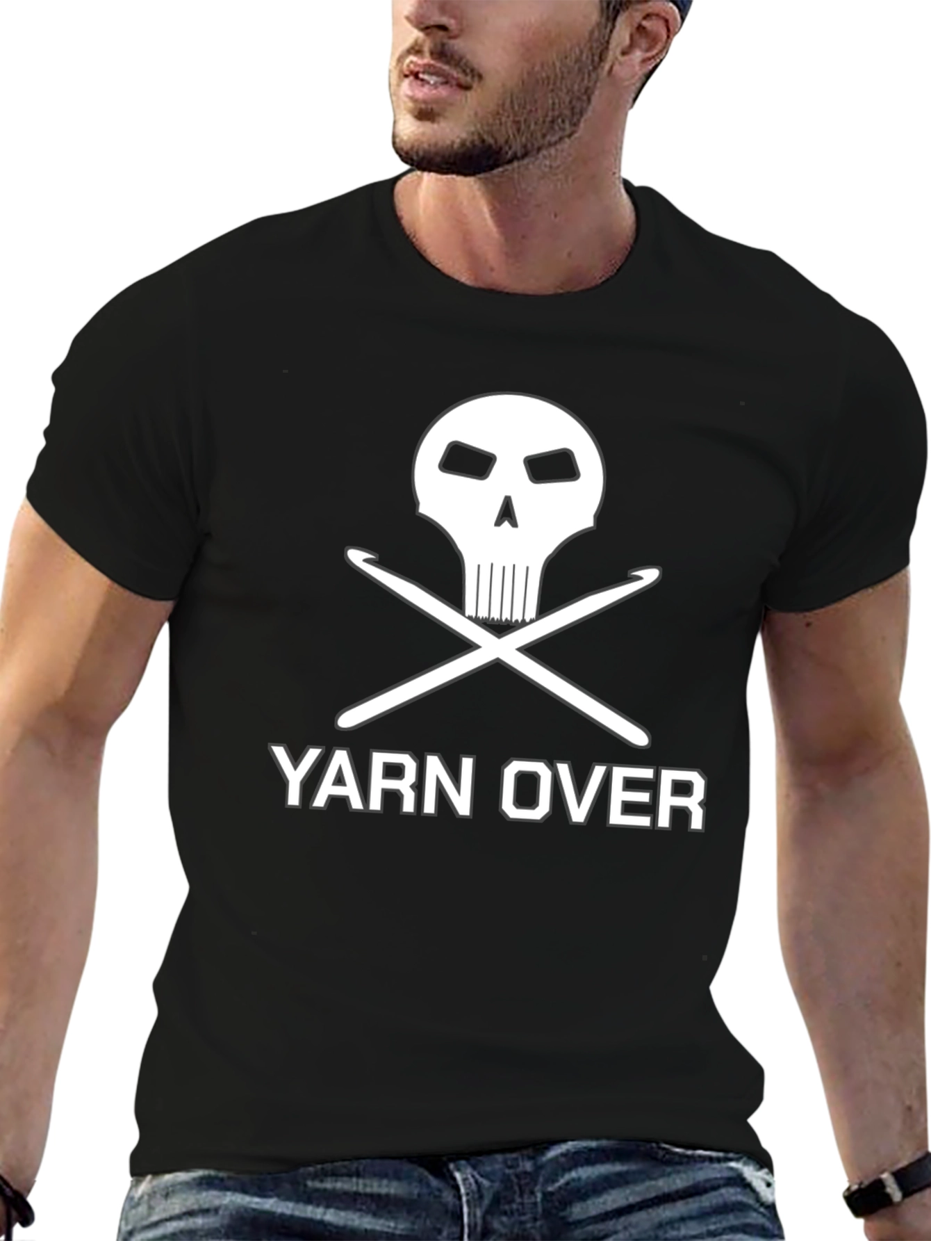 Yarn Over Crochet Skull Graphic Tee - Black