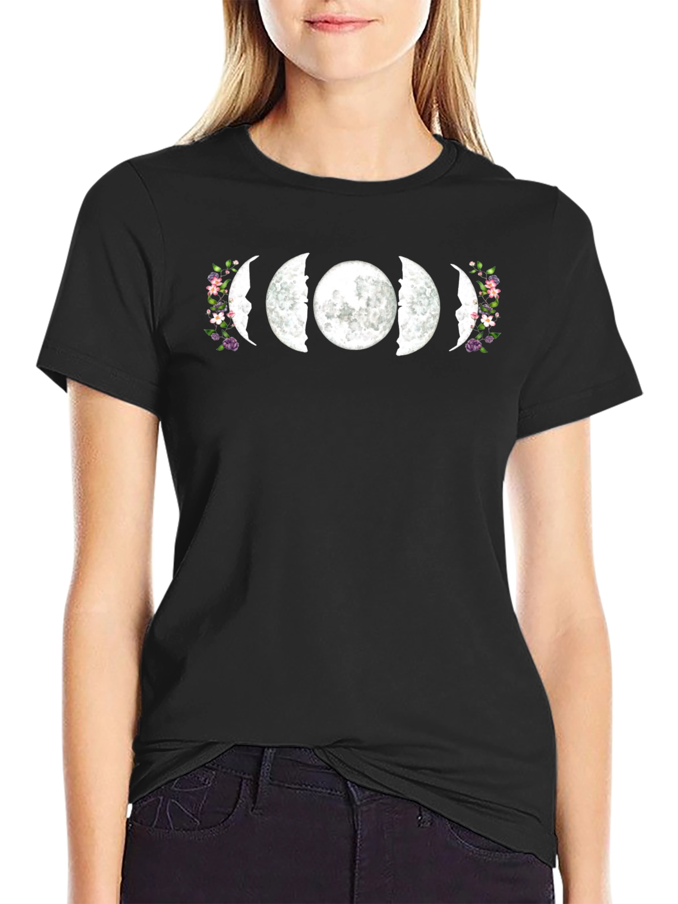 Floral Moon Phases Graphic T-Shirt - Black