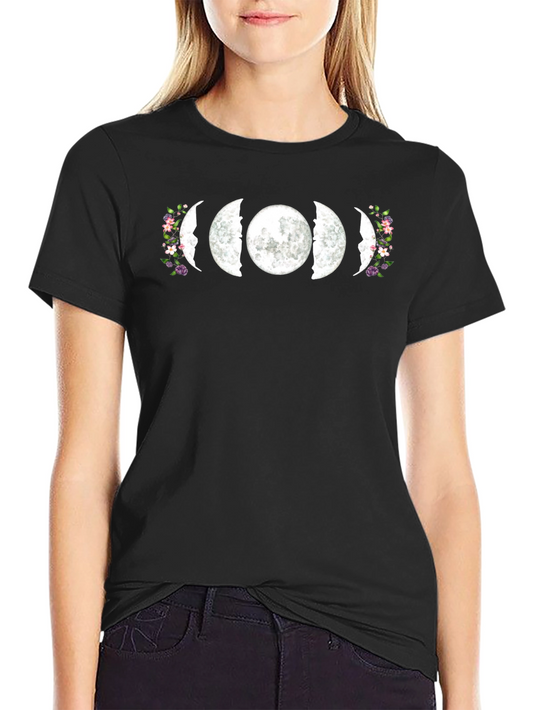 Floral Moon Phases Graphic T-Shirt - Black