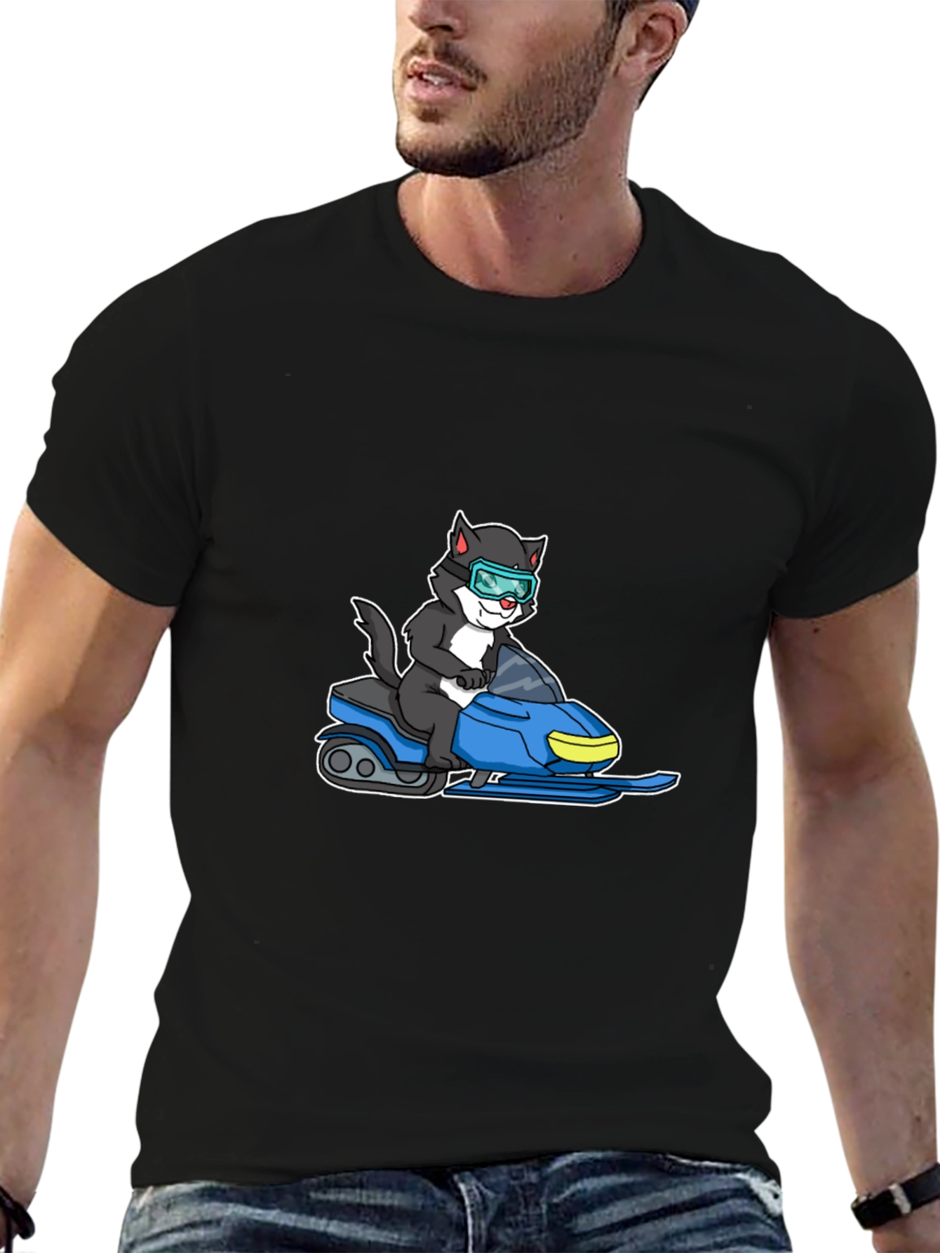 Cat on Snowmobile Graphic T-Shirt
