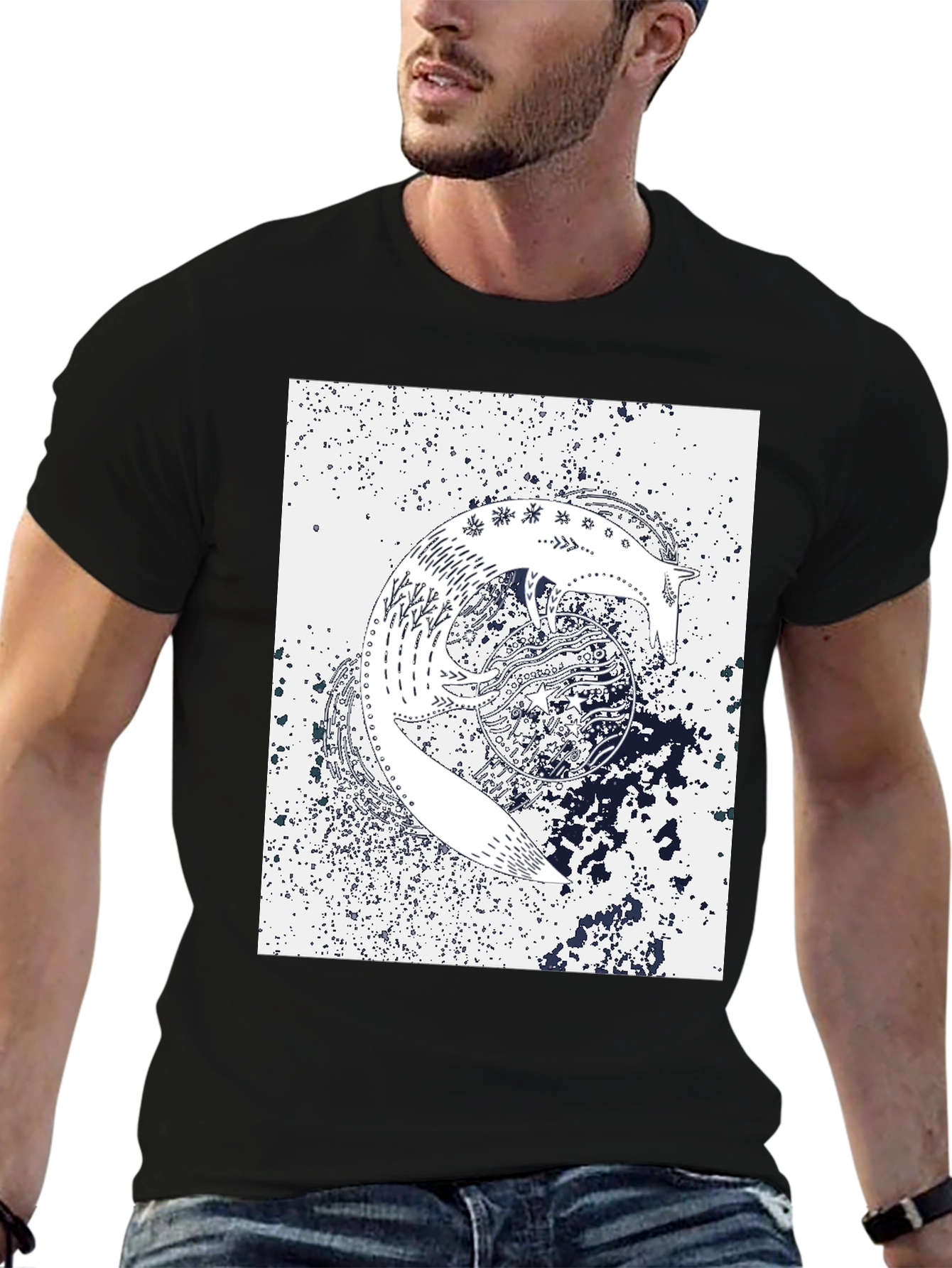 Abstract Fox Graphic Print Black T-Shirt