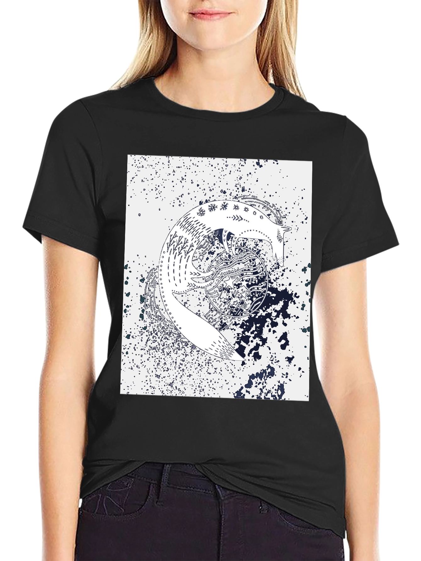 Abstract Fox Graphic Print Black T-Shirt