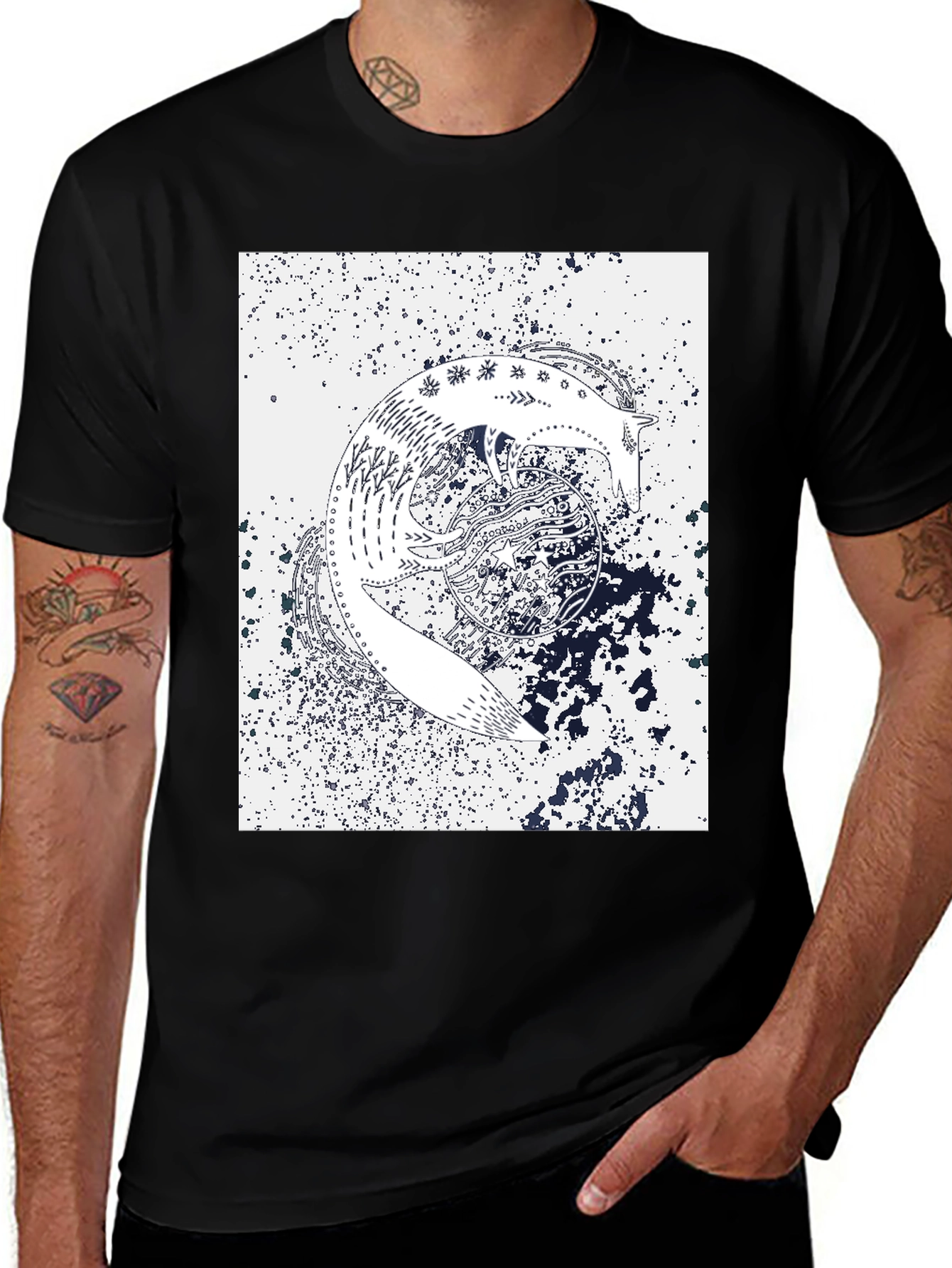 Abstract Fox Graphic Print Black T-Shirt