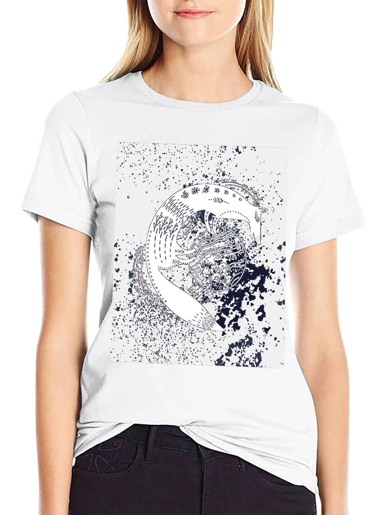 Abstract Fox Graphic Print Black T-Shirt