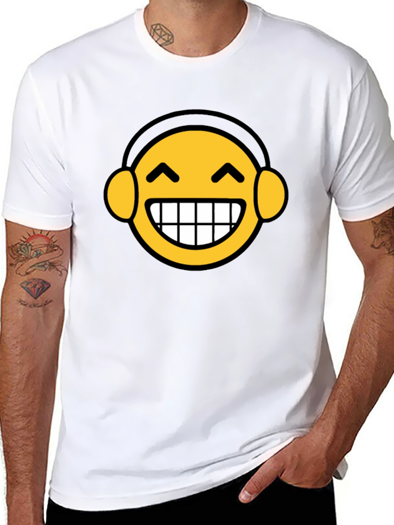 Funny Emoji Headphone Graphic Tee - Black
