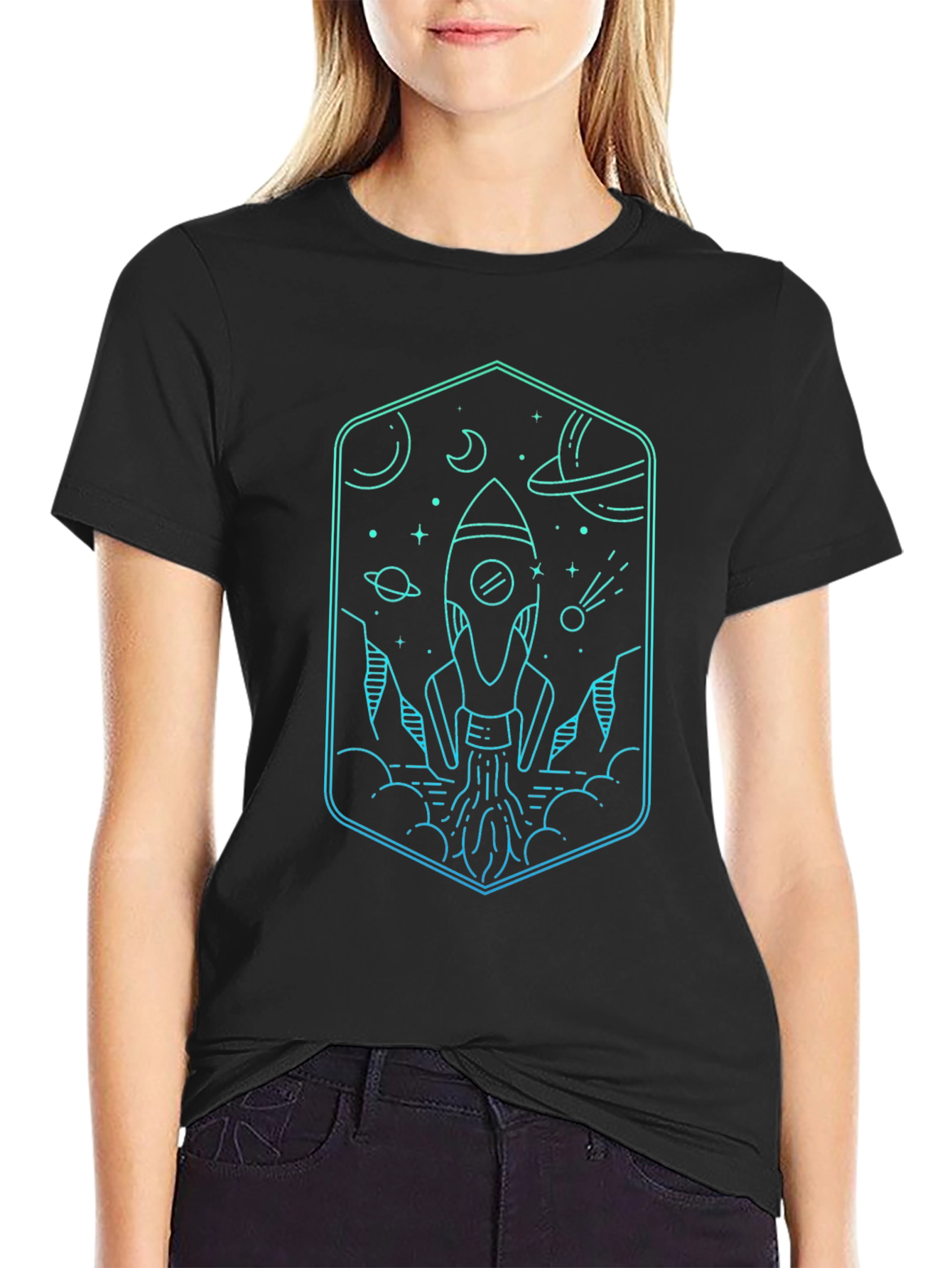 Space Rocket Graphic Tee - Black Cotton Blend
