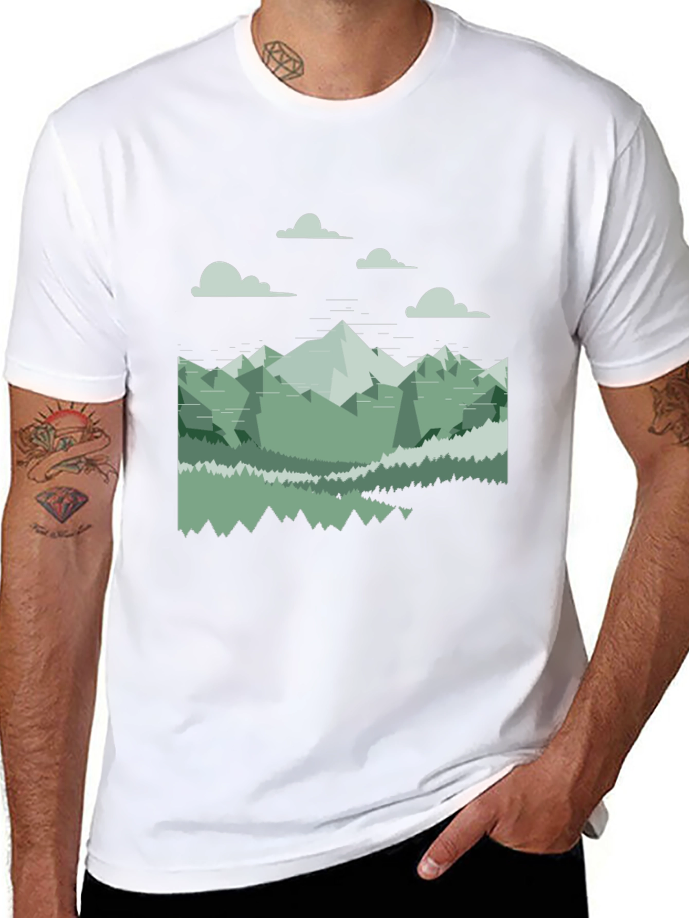 Geometric Mountain Landscape Tee - Black Cotton Blend