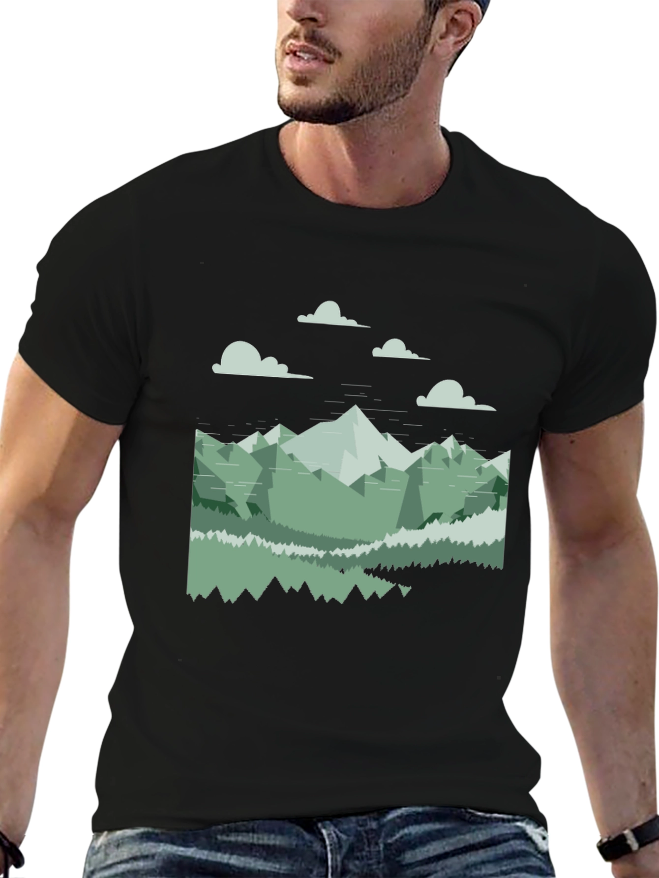 Geometric Mountain Landscape Tee - Black Cotton Blend