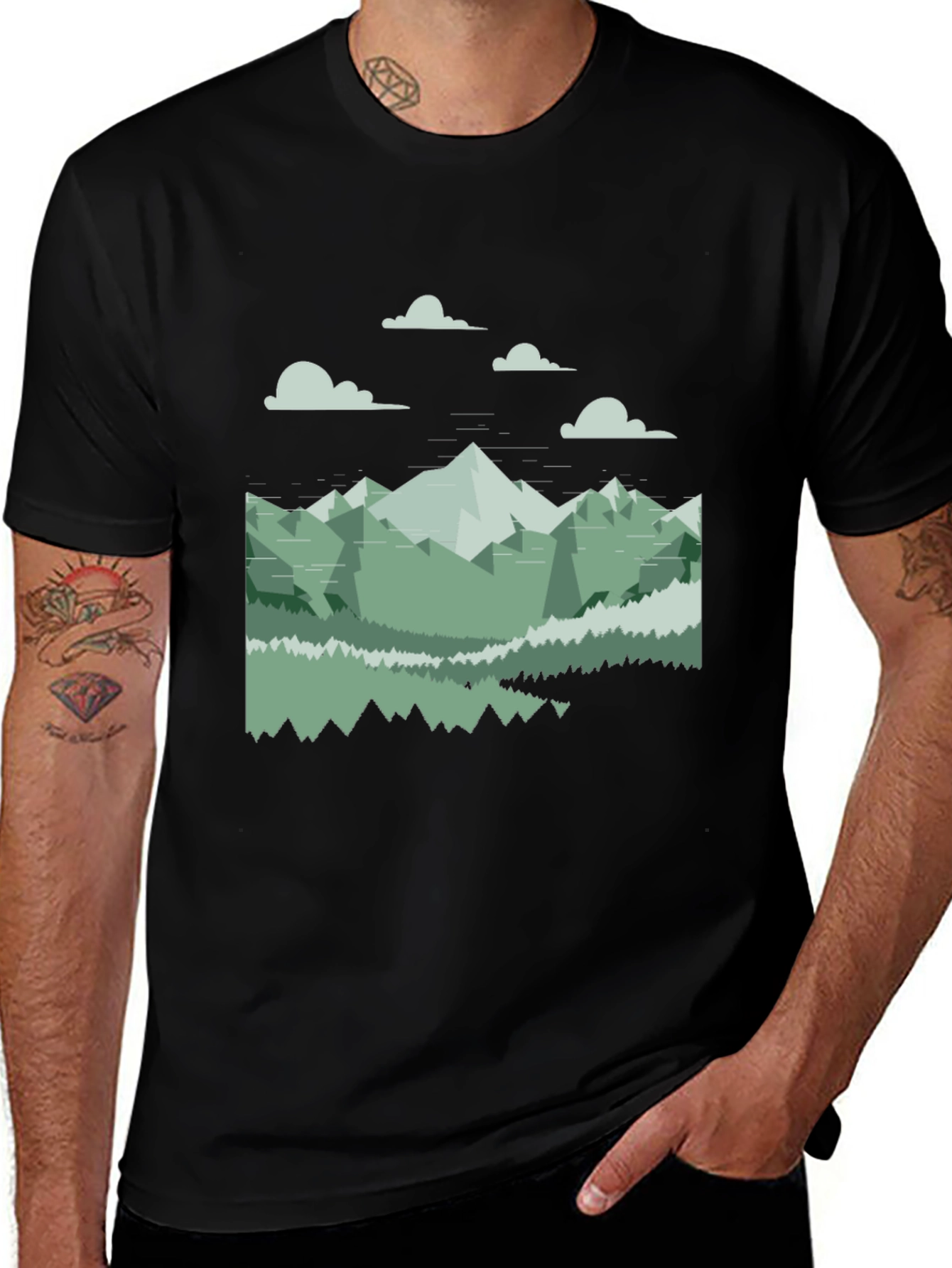 Geometric Mountain Landscape Tee - Black Cotton Blend
