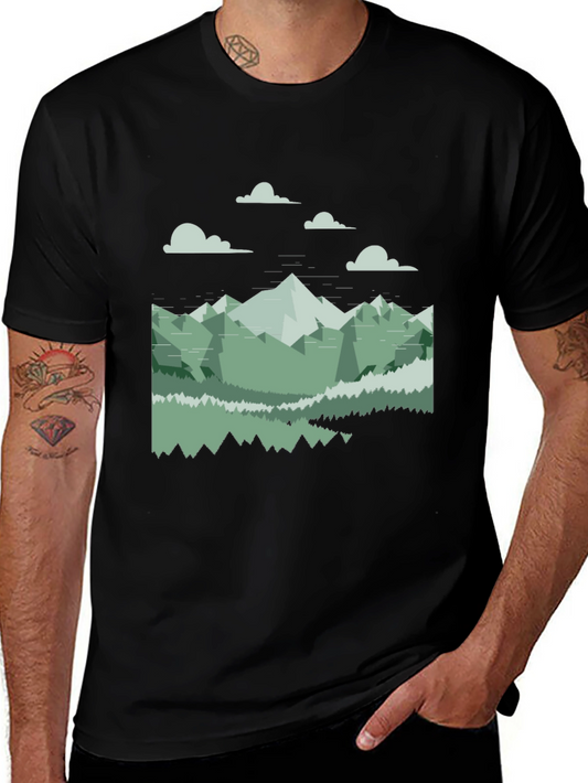 Geometric Mountain Landscape Tee - Black Cotton Blend