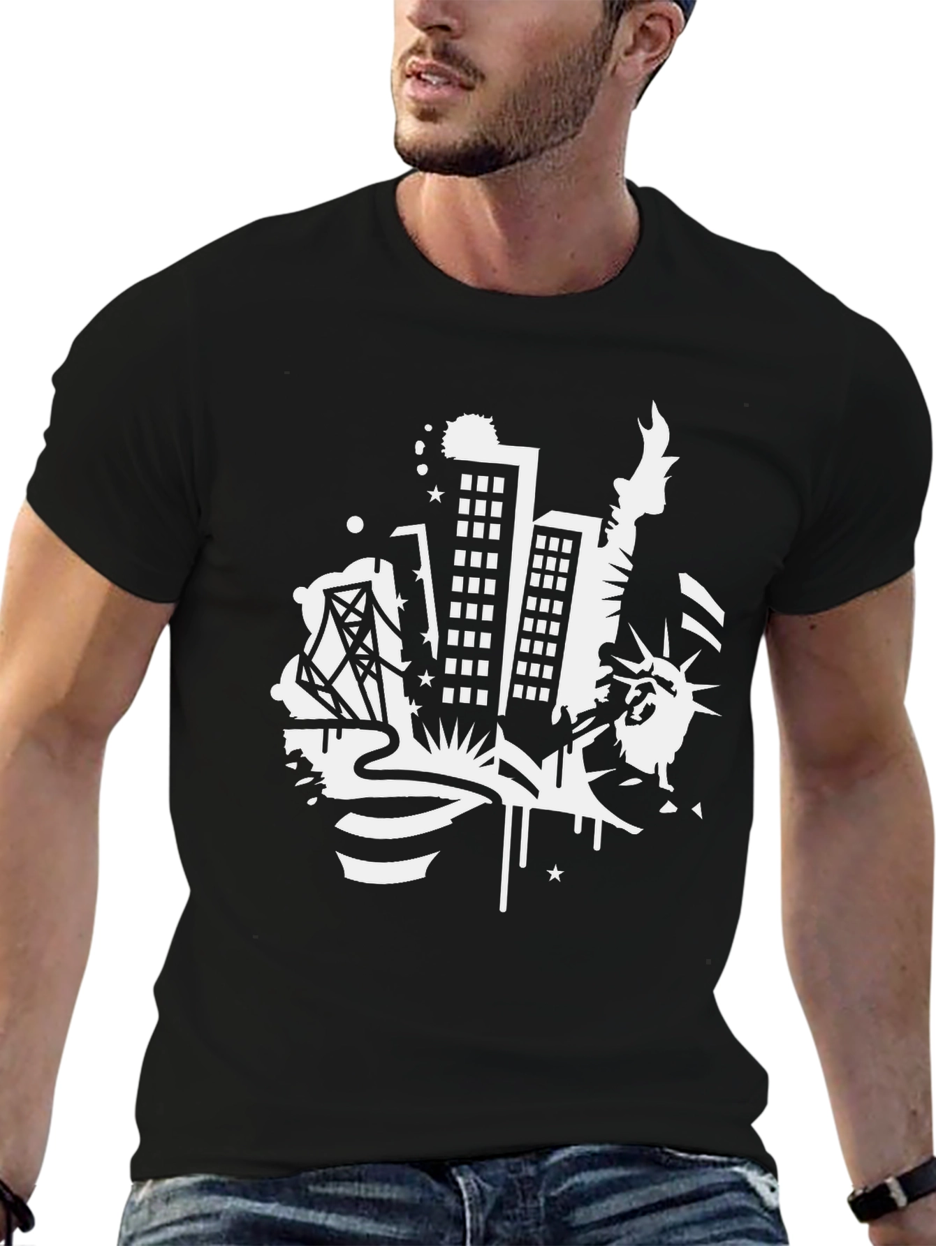 NYC Skyline Graphic Tee - Black Cotton T-Shirt