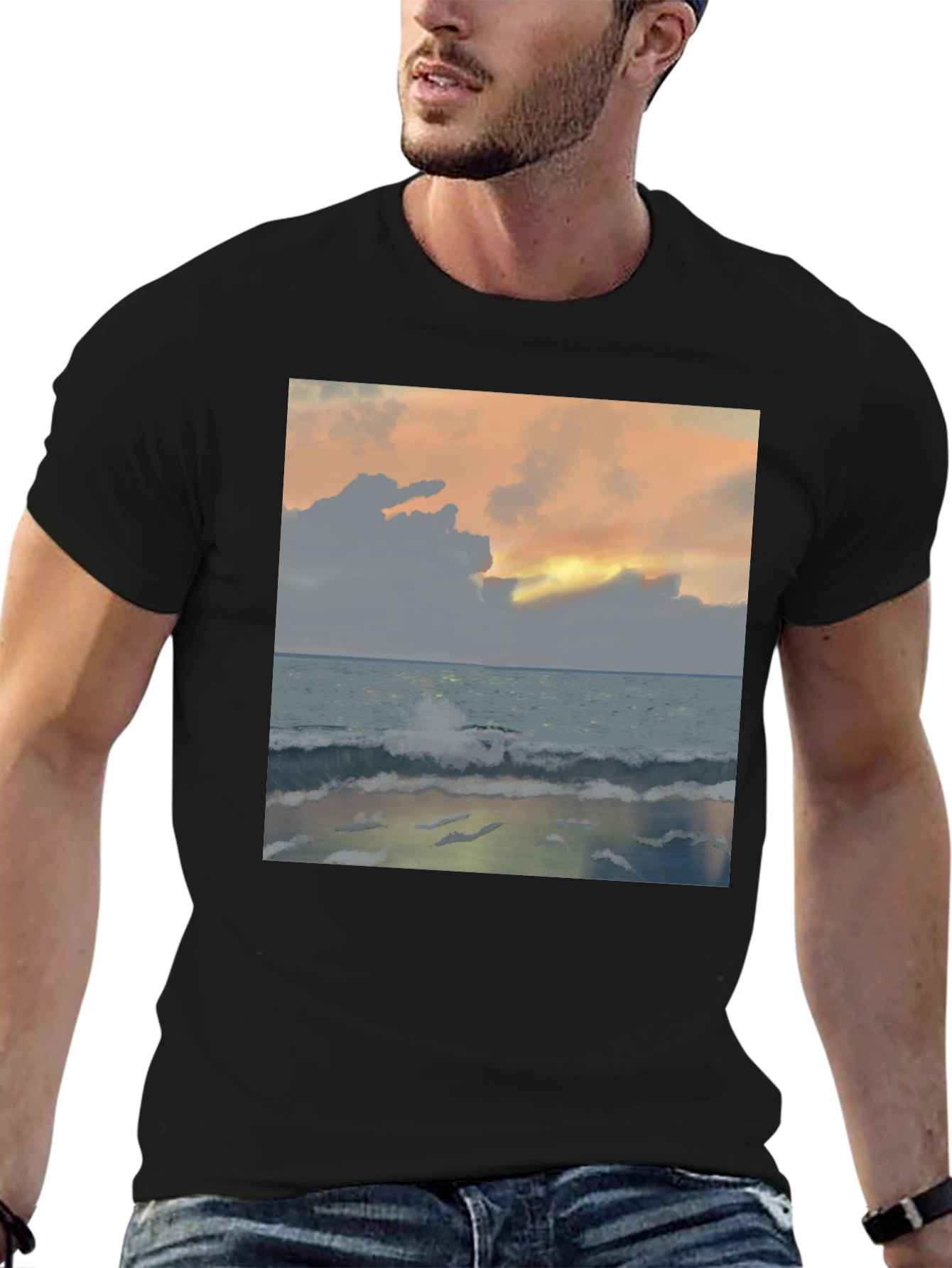 Ocean Sunset Graphic Tee - Relaxed Fit Black T-Shirt