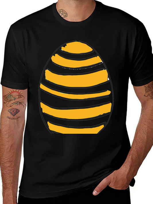 Striped Easter Egg Graphic Tee - Black Cotton Casual Shirt