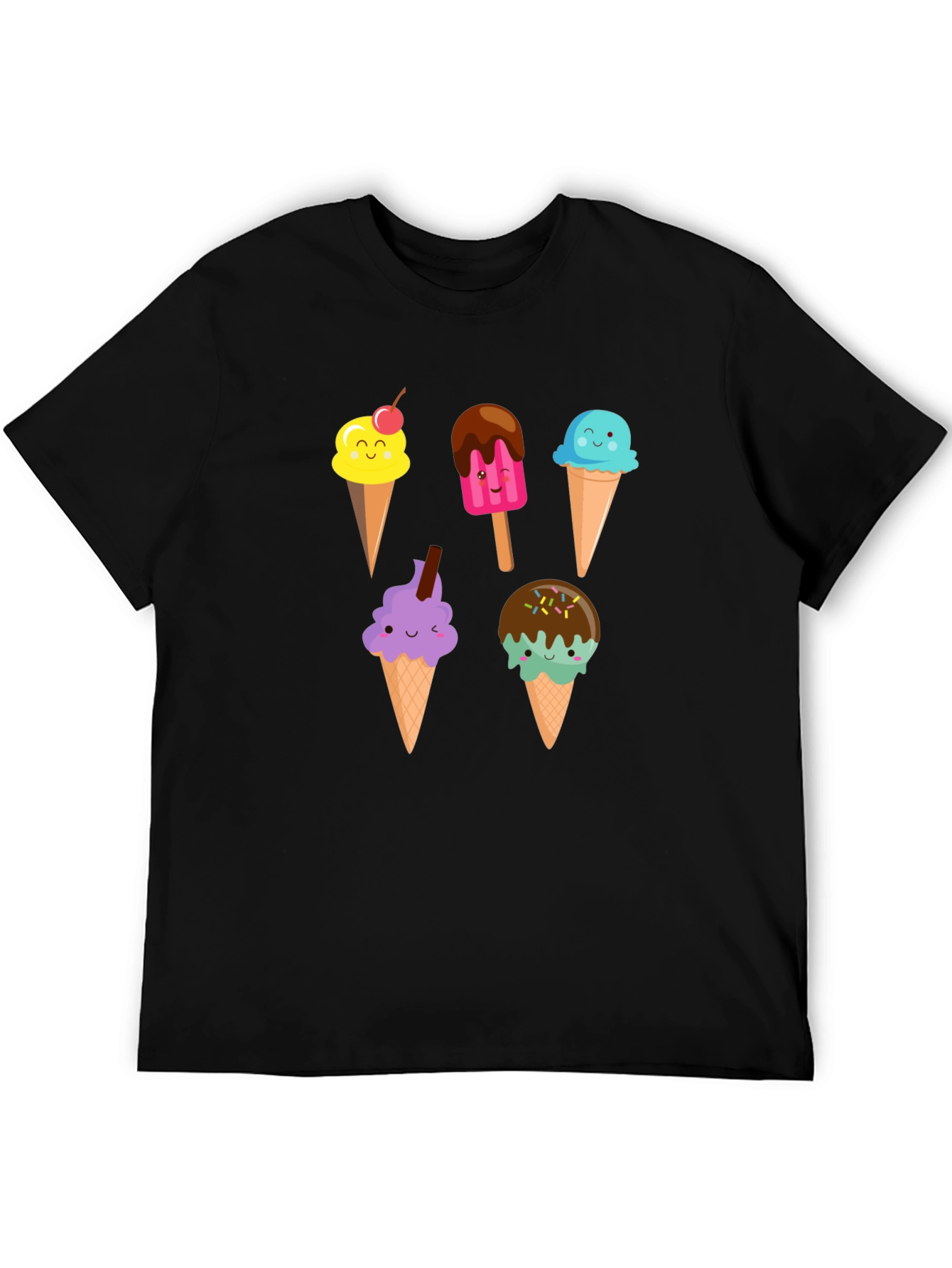 Cute Cartoon Ice Cream Graphic Black T-Shirt