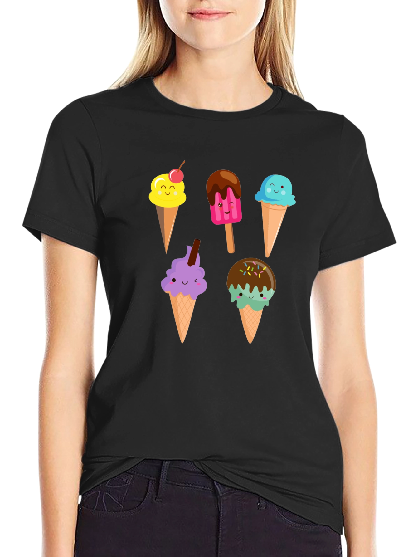 Cute Cartoon Ice Cream Graphic Black T-Shirt