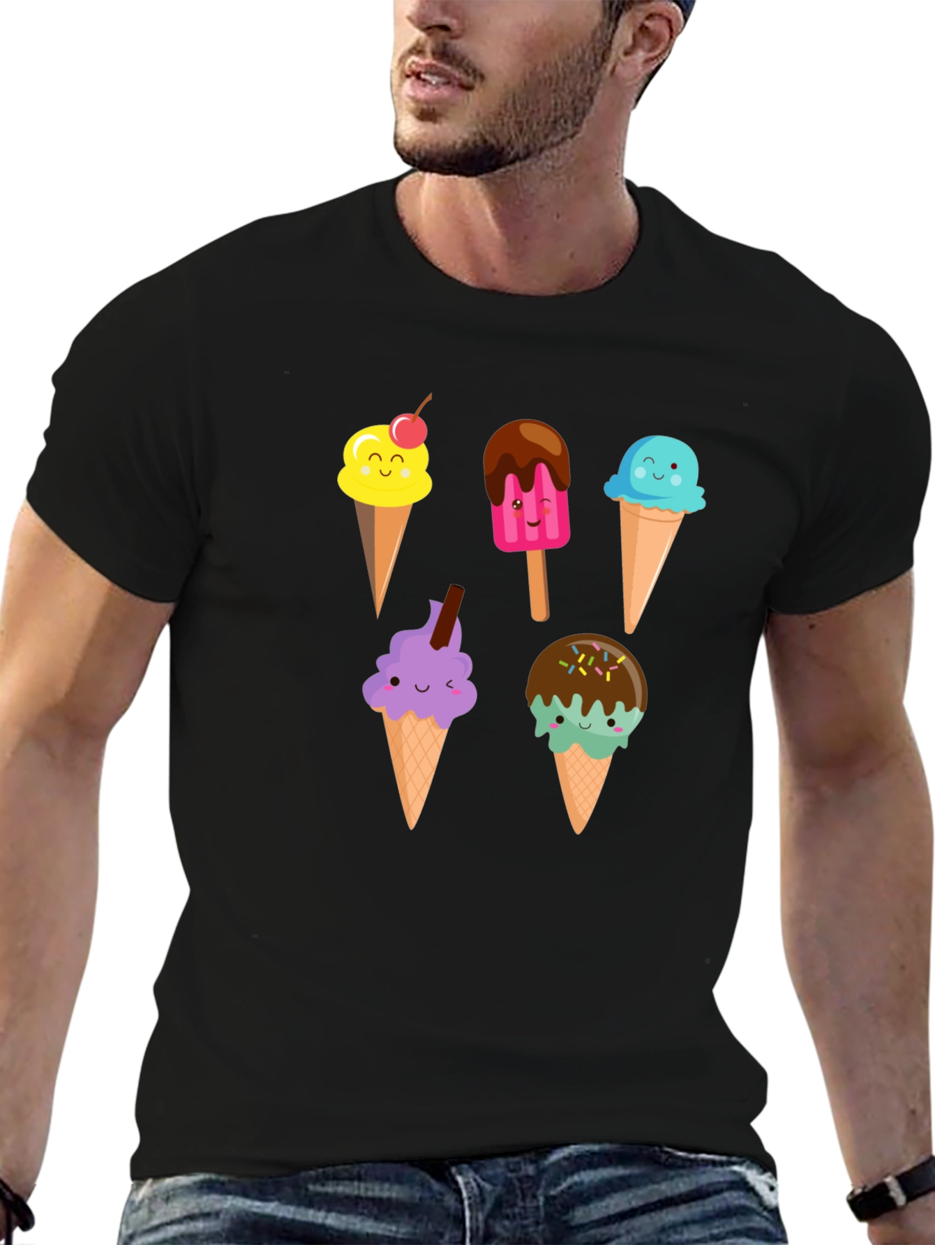 Cute Cartoon Ice Cream Graphic Black T-Shirt