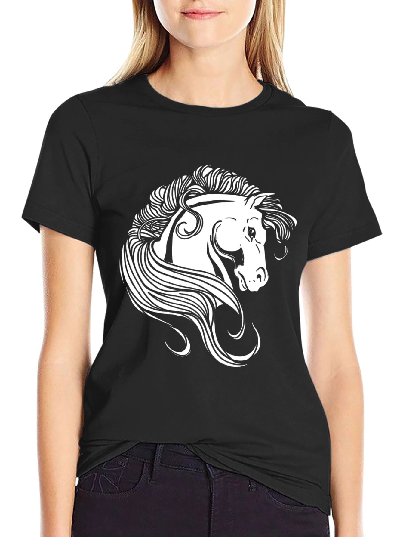 Black T-Shirt with White Horse Graphic