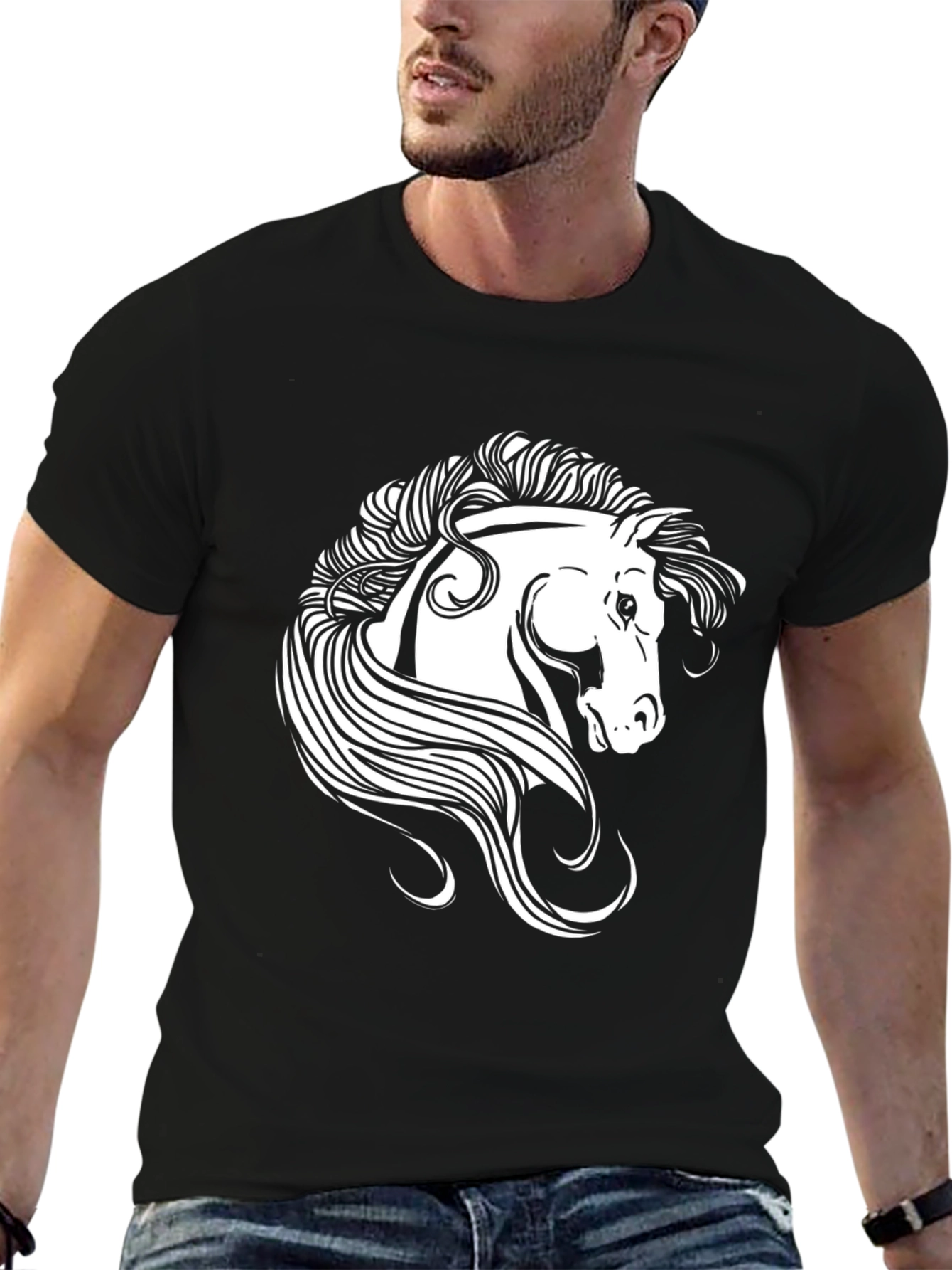 Black T-Shirt with White Horse Graphic