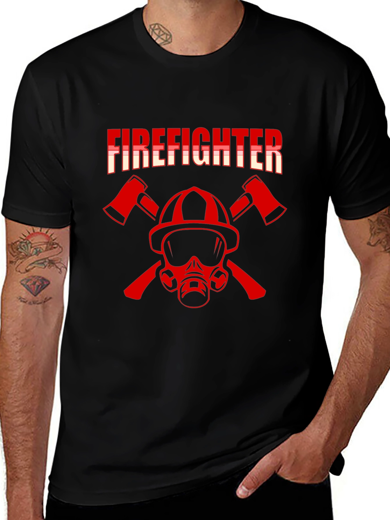 Firefighter Helmet and Axe Graphic Tee - Black