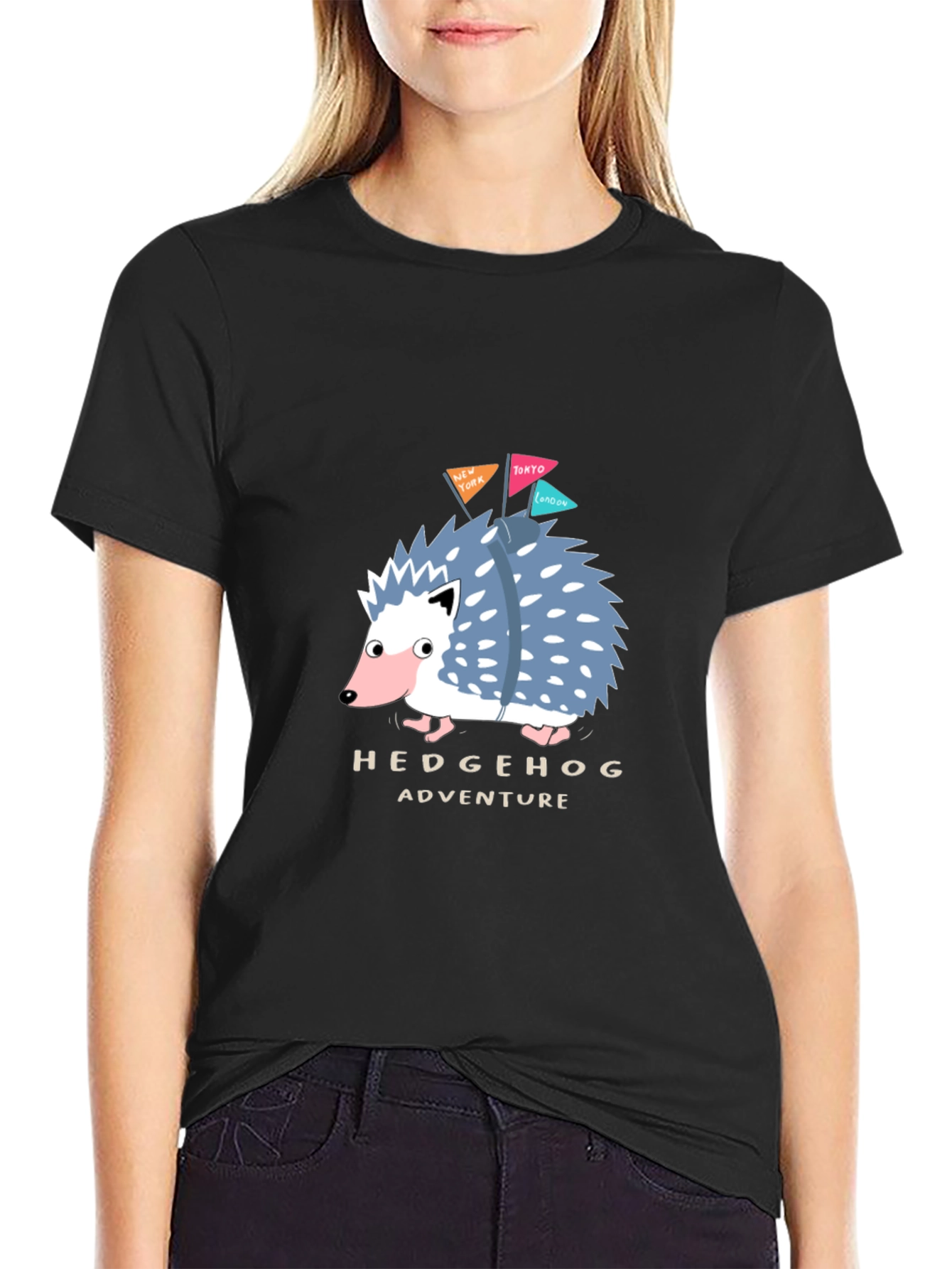 Hedgehog Adventure Black T-Shirt - Travel Hedgehog