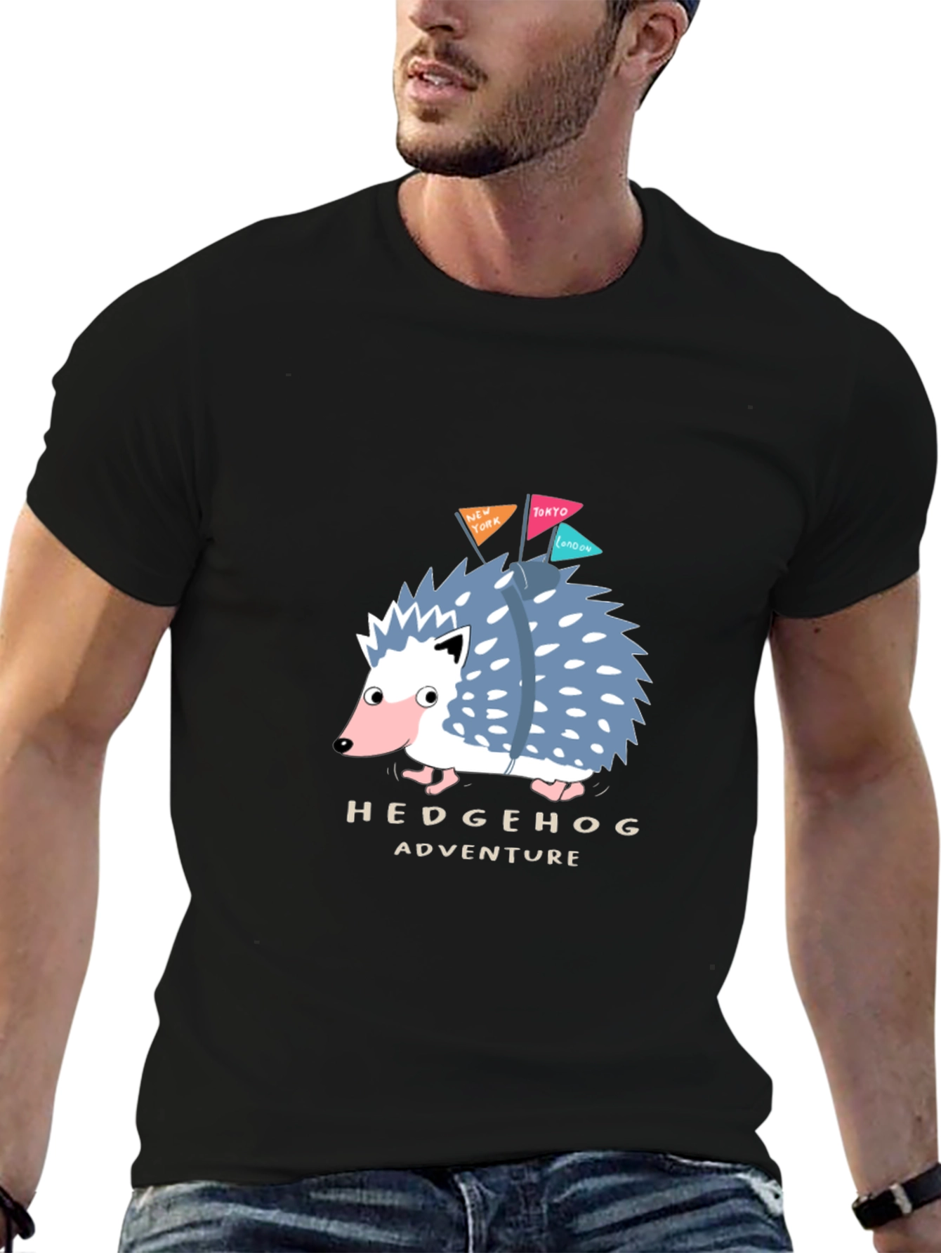 Hedgehog Adventure Black T-Shirt - Travel Hedgehog