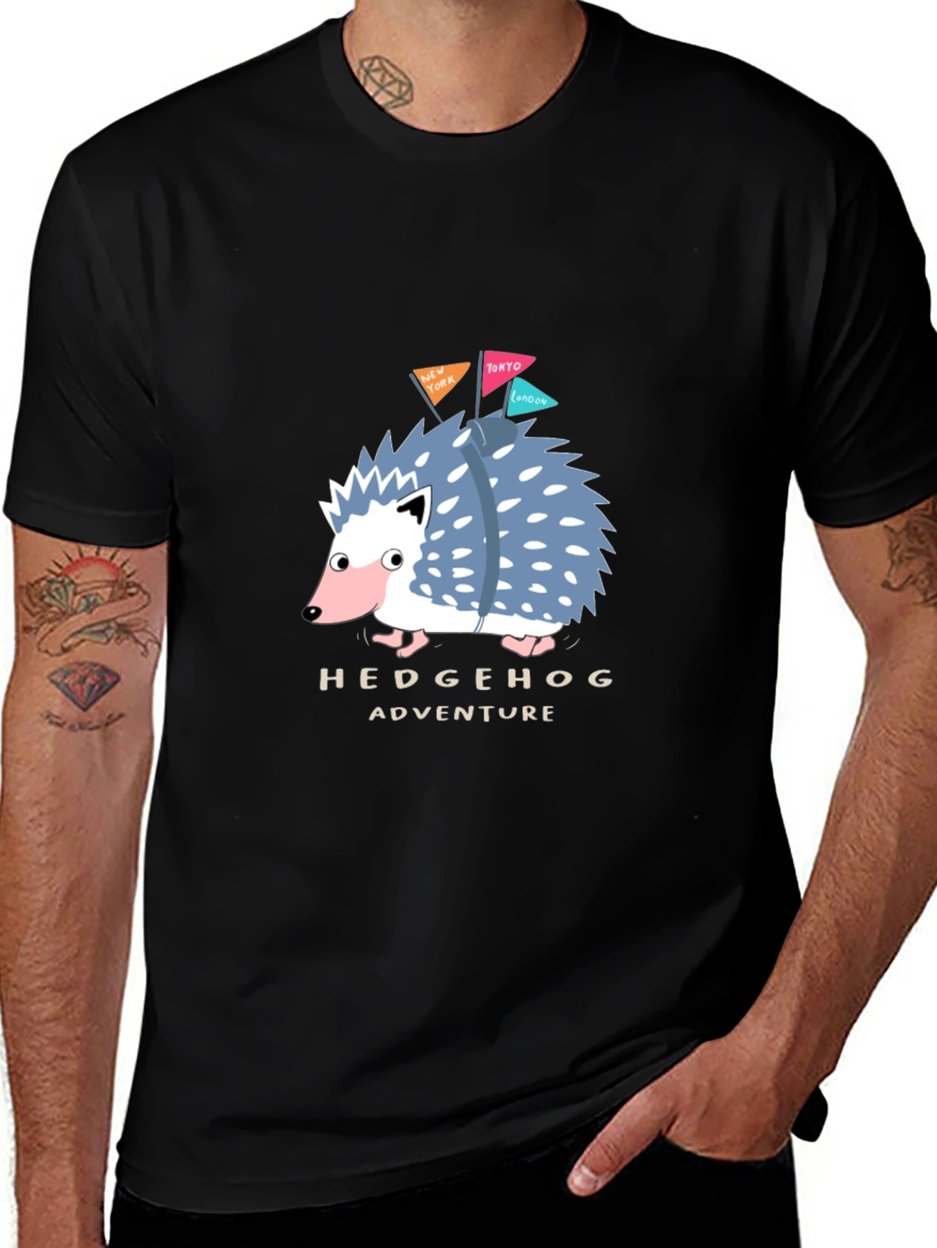 Hedgehog Adventure Black T-Shirt - Travel Hedgehog