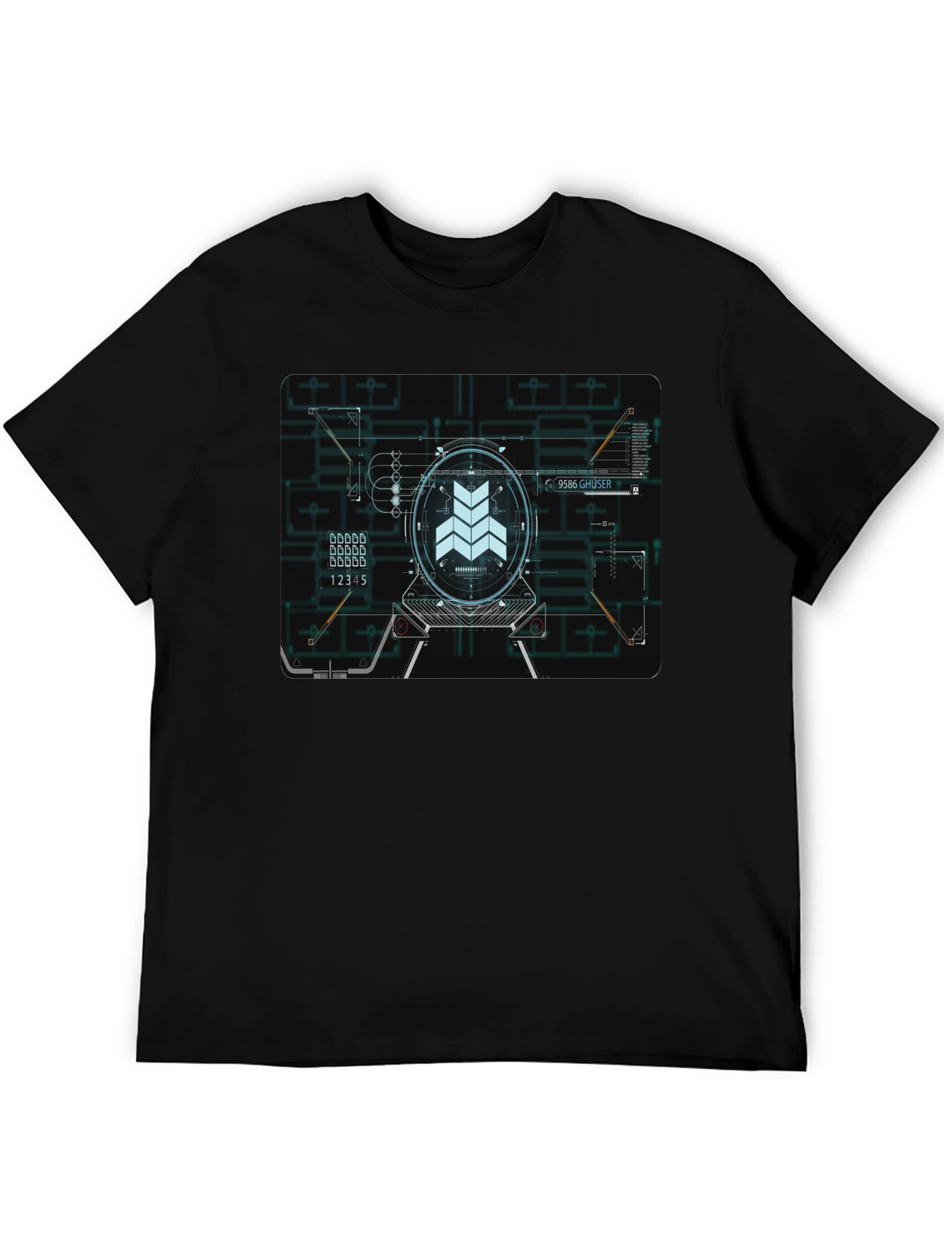 Sci-Fi Schematic Black T-Shirt - Futuristic Design