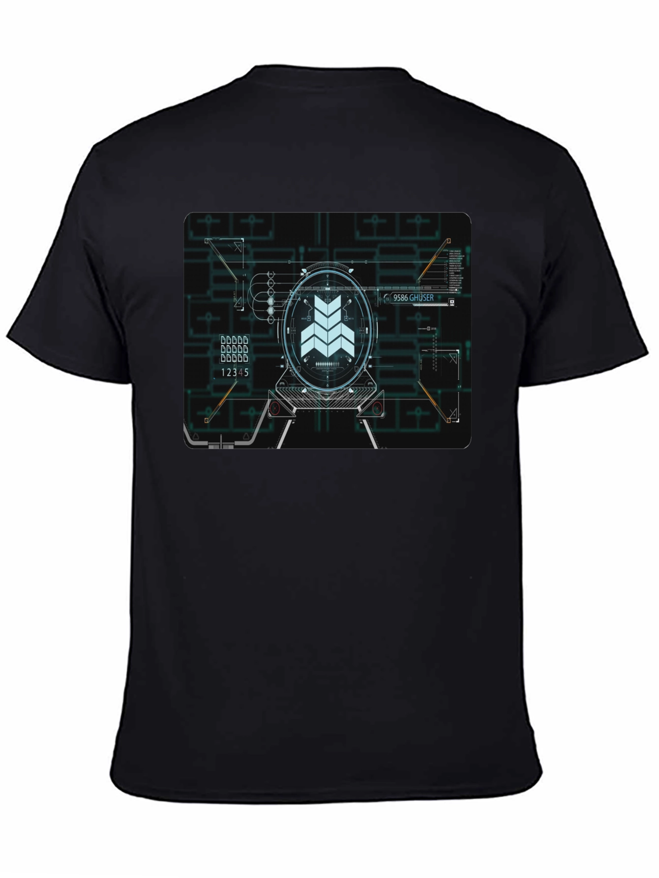 Sci-Fi Schematic Black T-Shirt - Futuristic Design