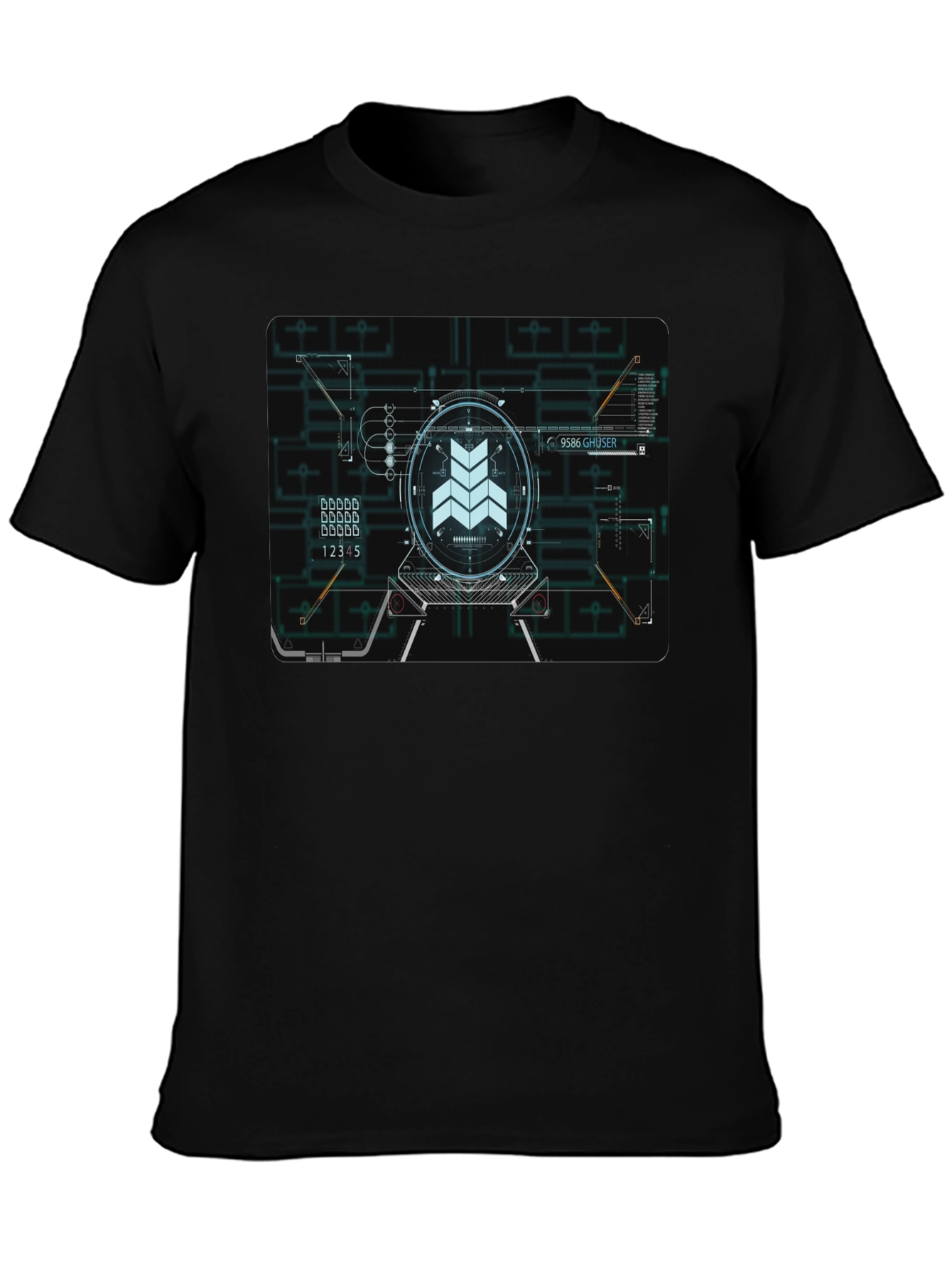Sci-Fi Schematic Black T-Shirt - Futuristic Design