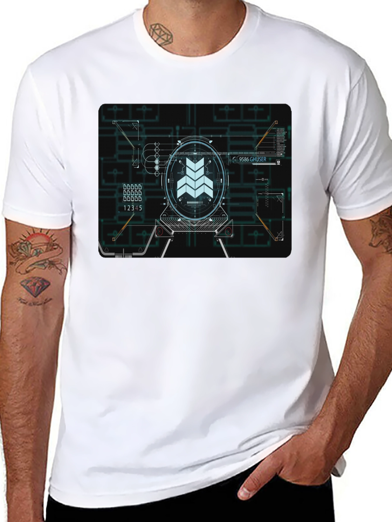 Sci-Fi Schematic Black T-Shirt - Futuristic Design