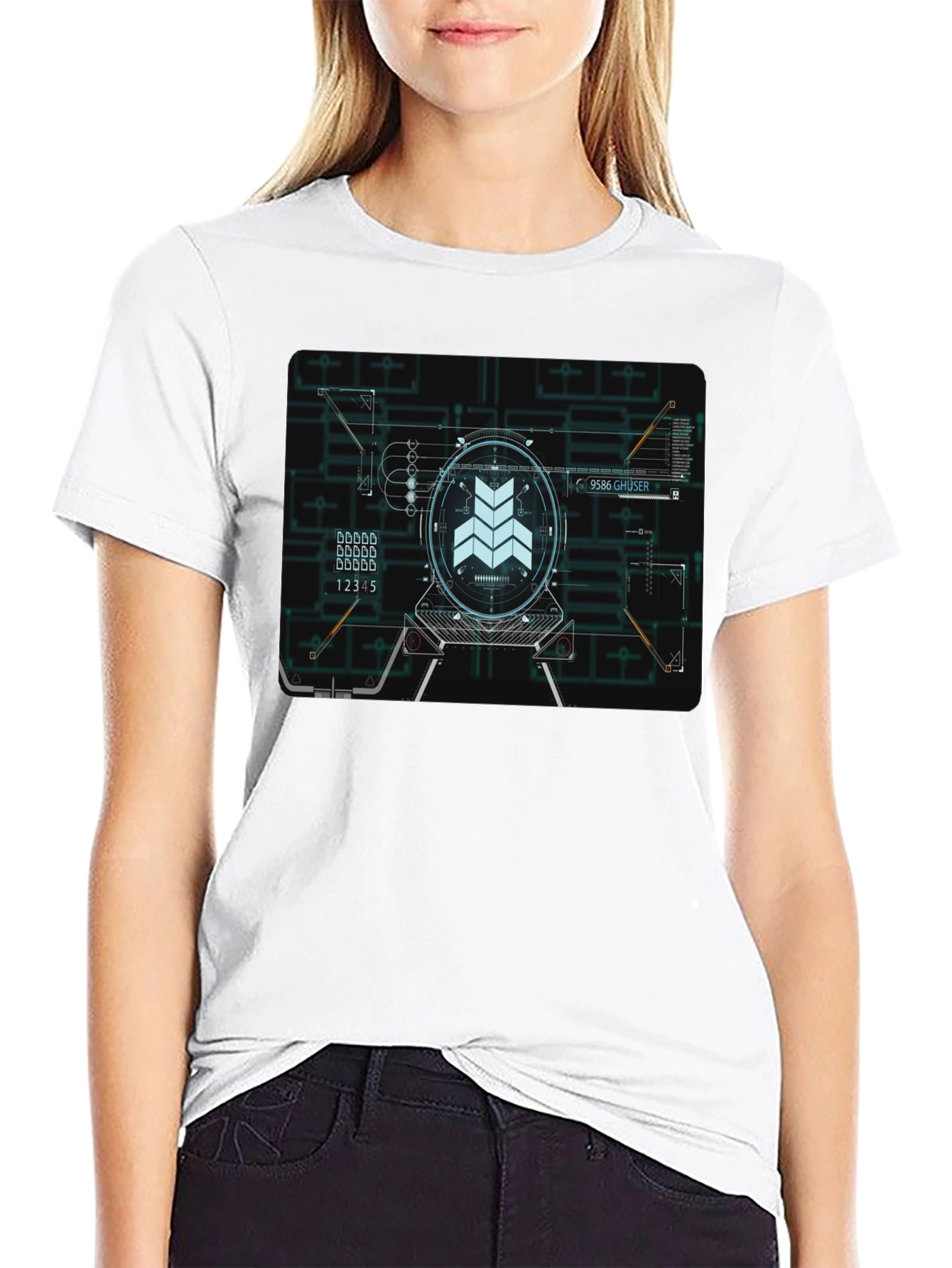 Sci-Fi Schematic Black T-Shirt - Futuristic Design