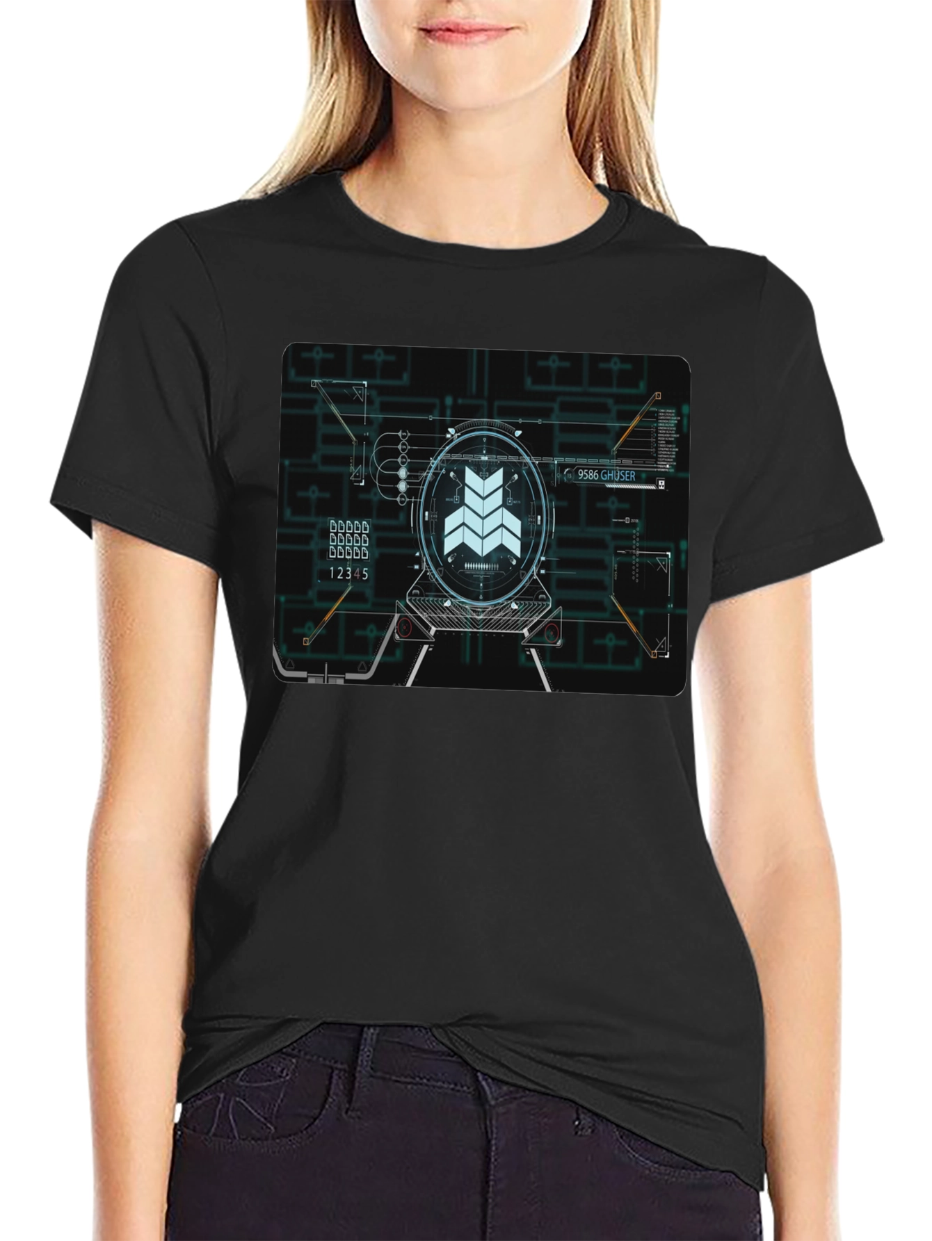Sci-Fi Schematic Black T-Shirt - Futuristic Design