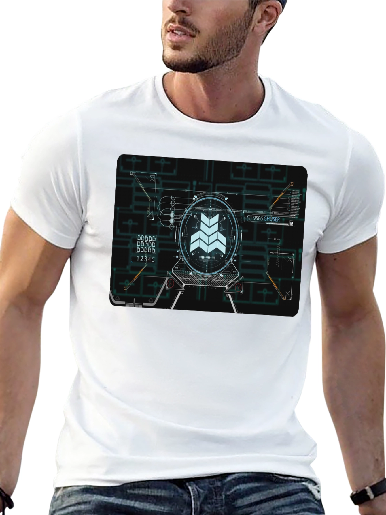 Sci-Fi Schematic Black T-Shirt - Futuristic Design
