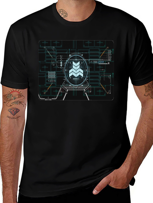Sci-Fi Schematic Black T-Shirt - Futuristic Design
