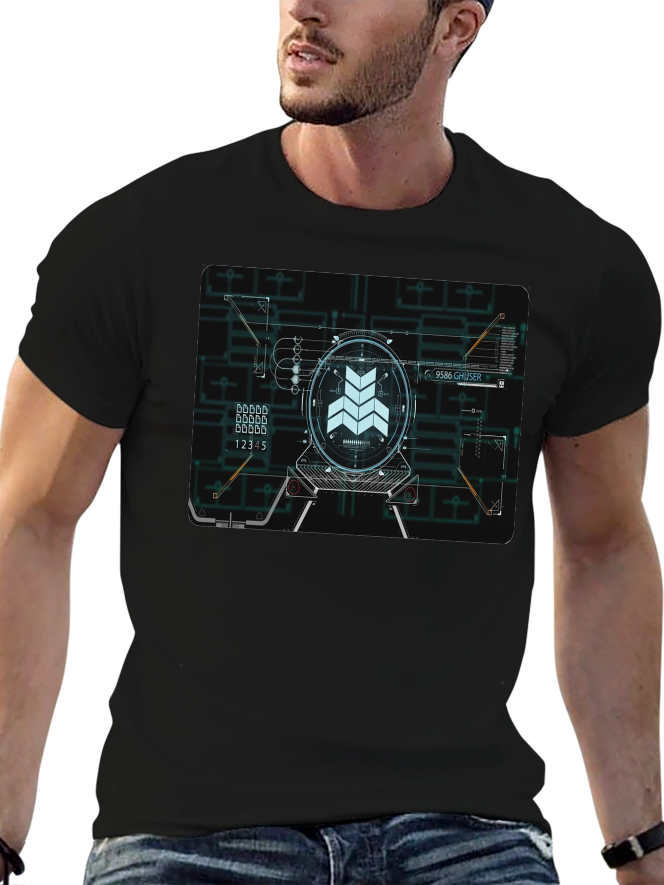 Sci-Fi Schematic Black T-Shirt - Futuristic Design
