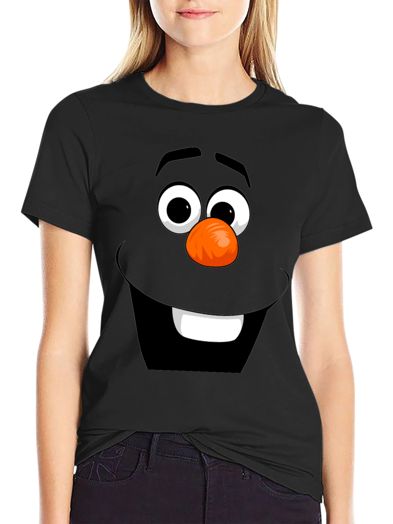 Funny Cartoon Face Graphic Tee - Black Cotton T-Shirt