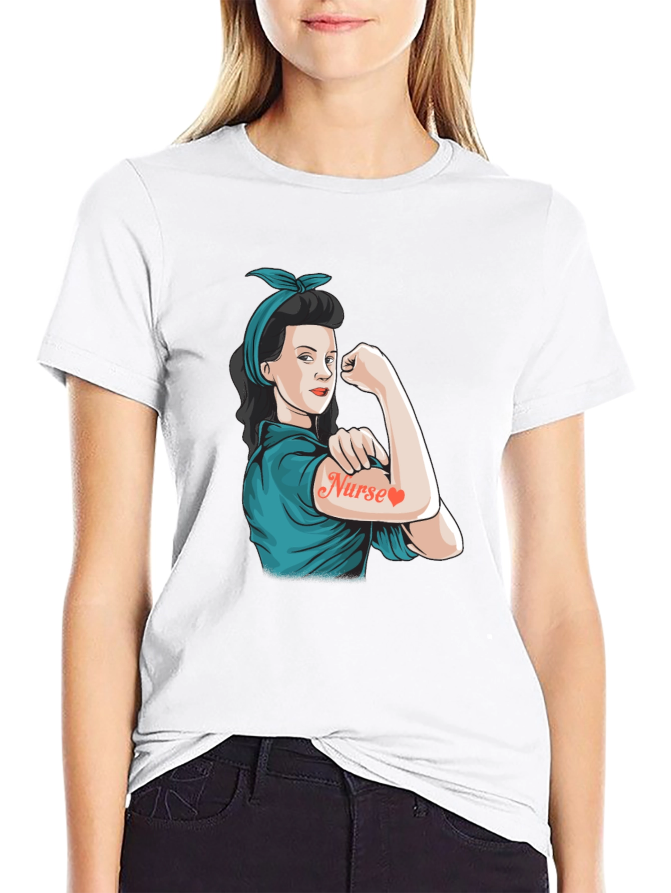 Retro Nurse Power T-Shirt - Black Cotton Blend