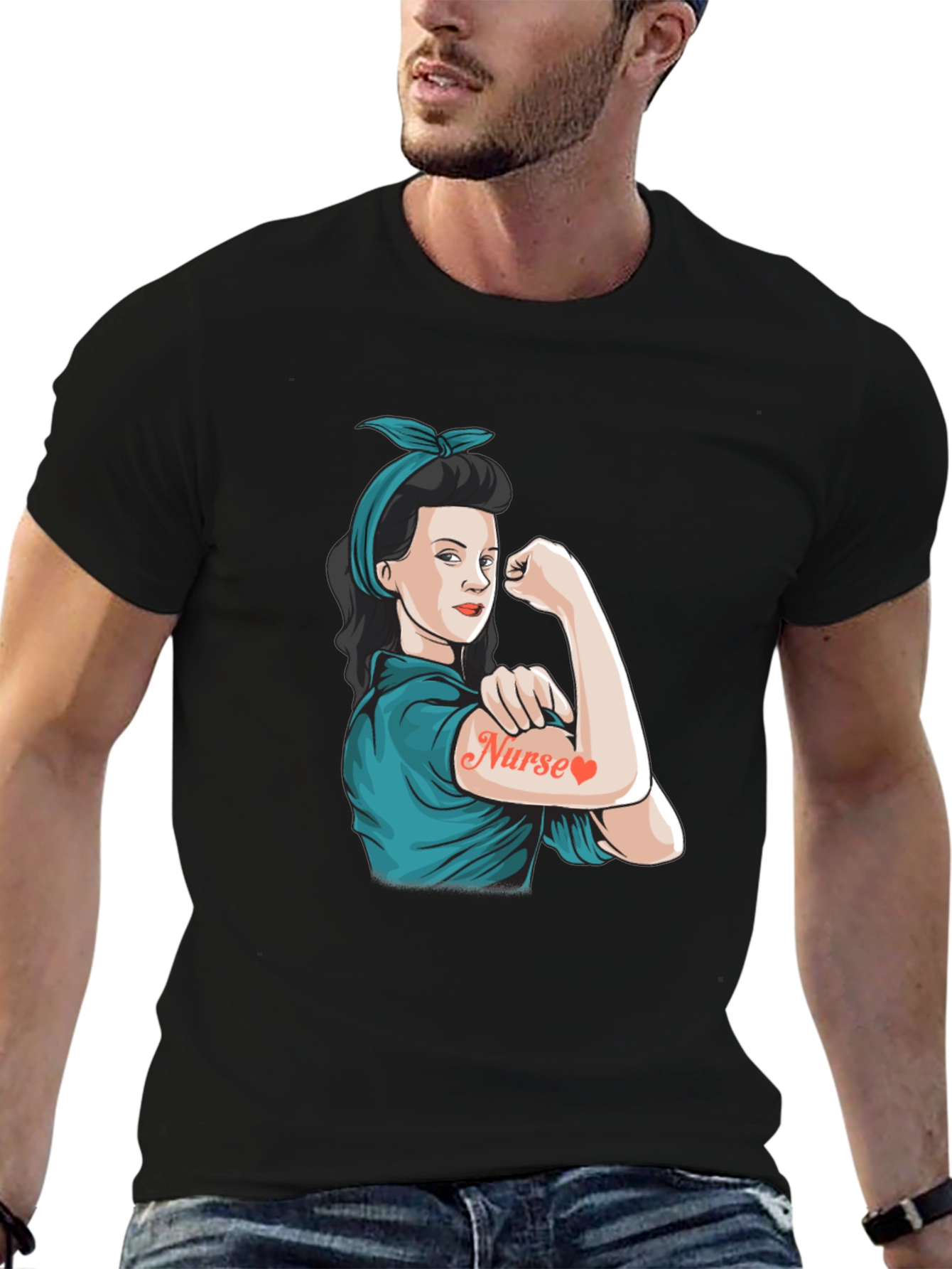 Retro Nurse Power T-Shirt - Black Cotton Blend