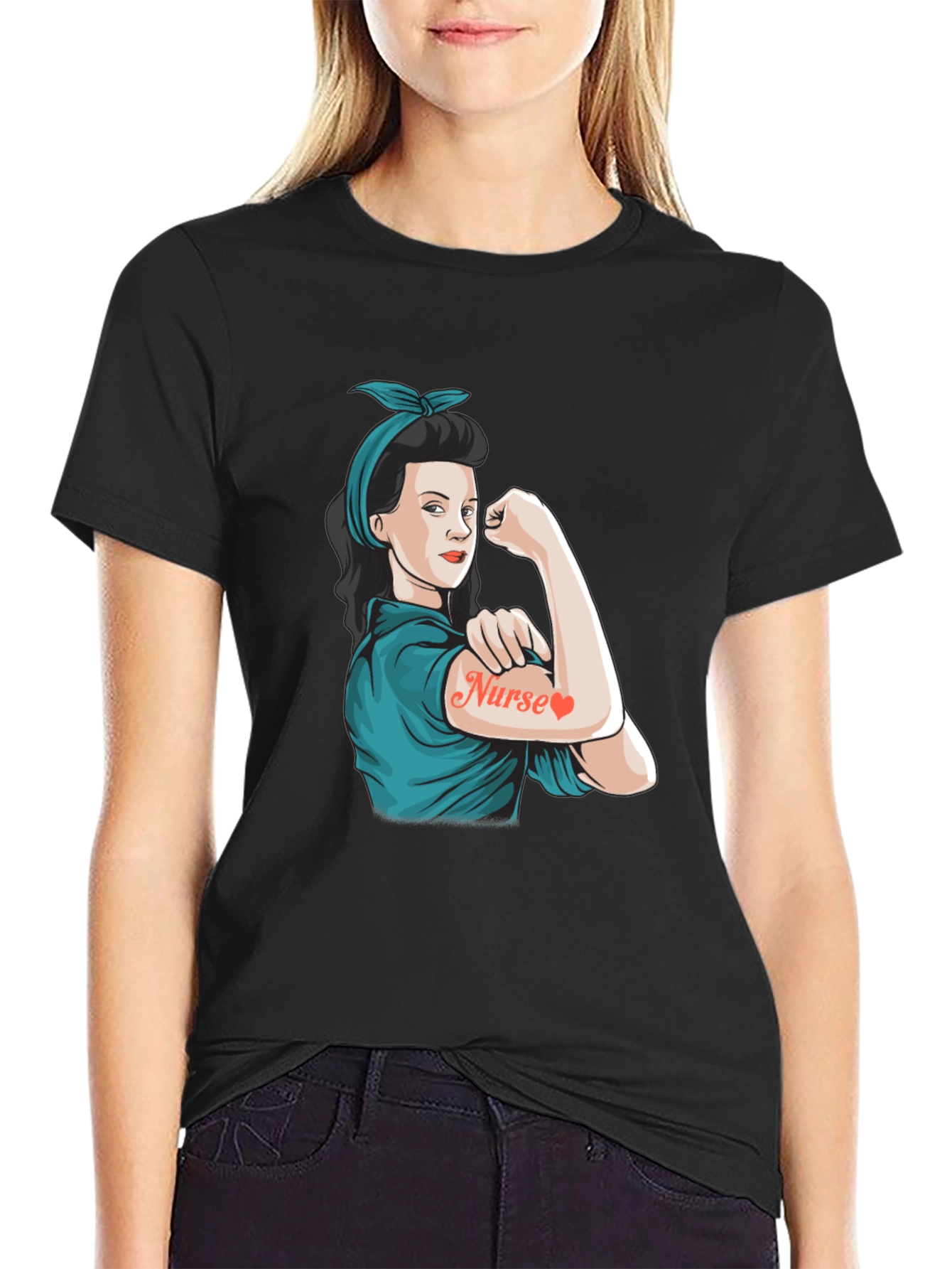 Retro Nurse Power T-Shirt - Black Cotton Blend