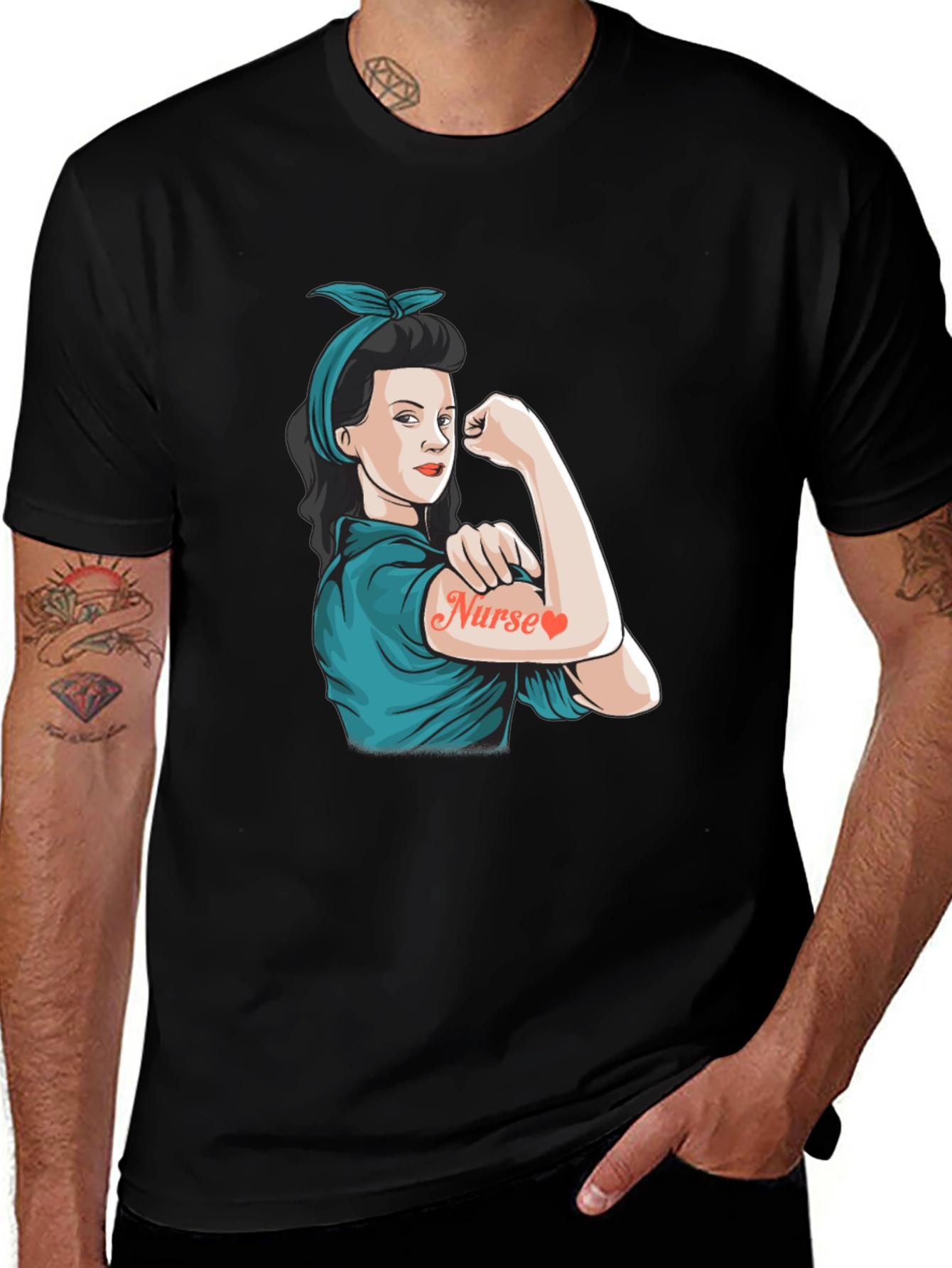 Retro Nurse Power T-Shirt - Black Cotton Blend