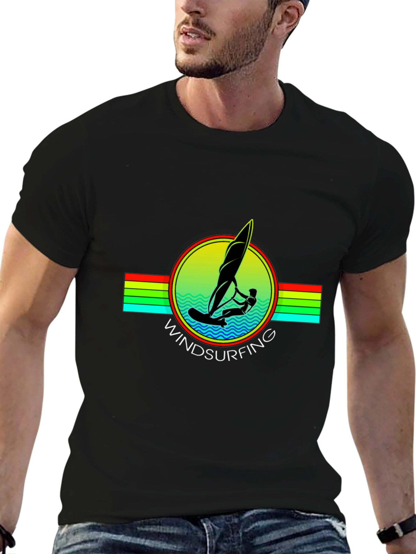 Windsurfing Graphic Tee - Black Cotton T-Shirt