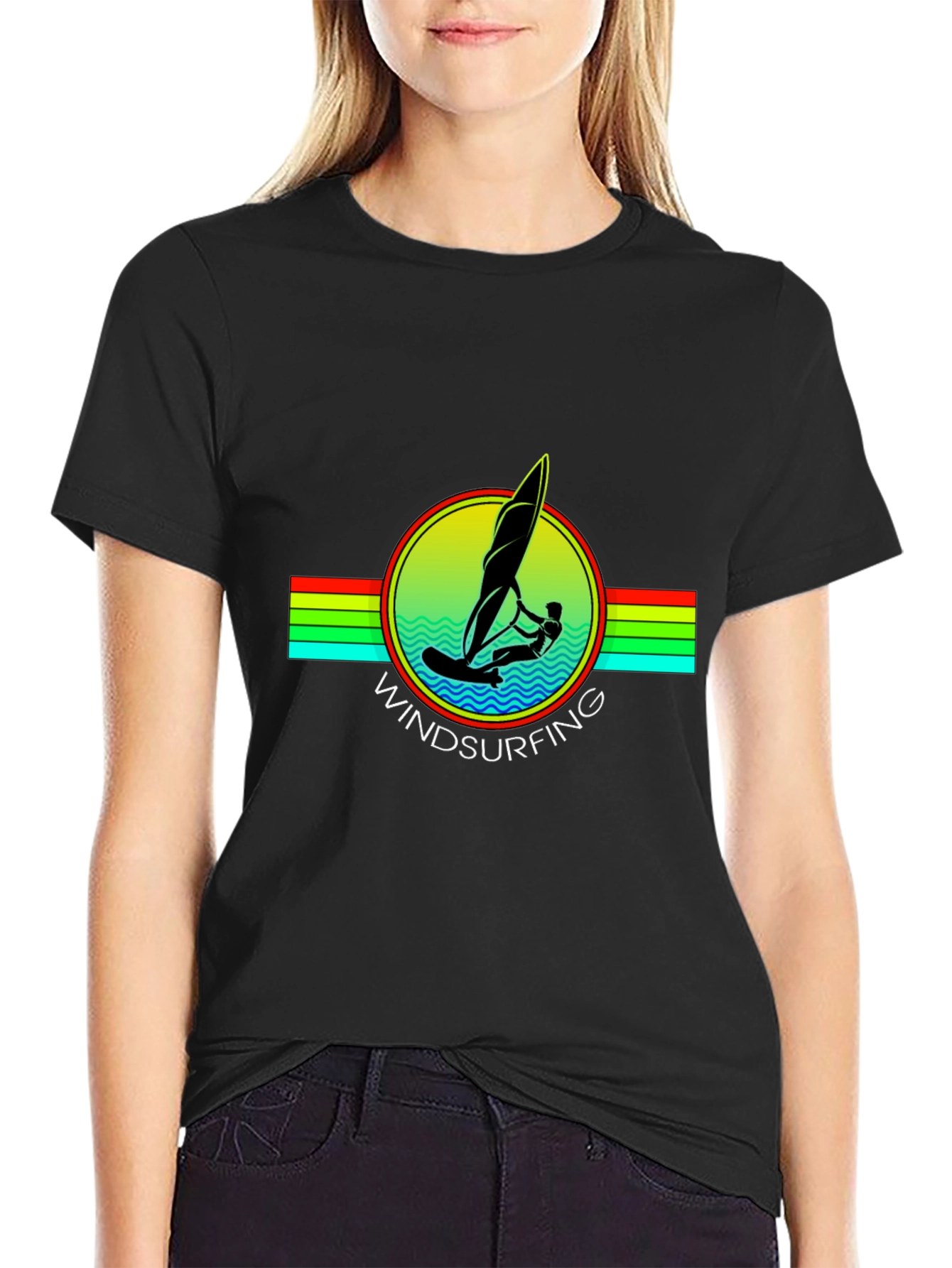 Windsurfing Graphic Tee - Black Cotton T-Shirt