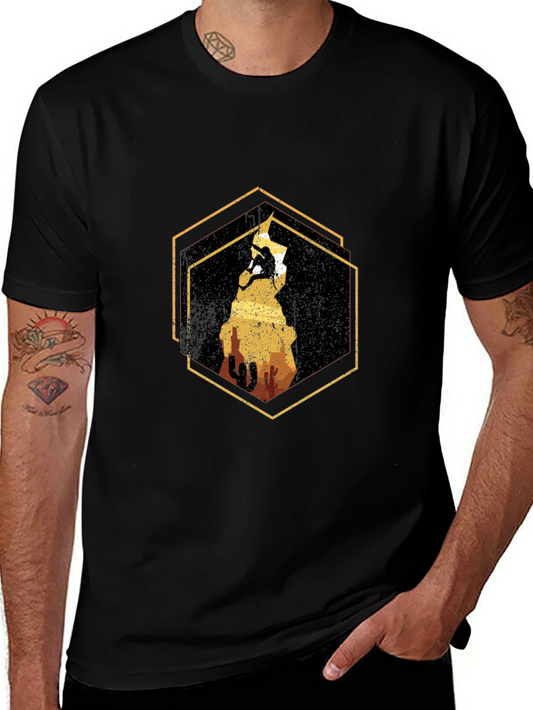 Climbing Graphic Tee - Hexagon Art - Black Cotton Shirt