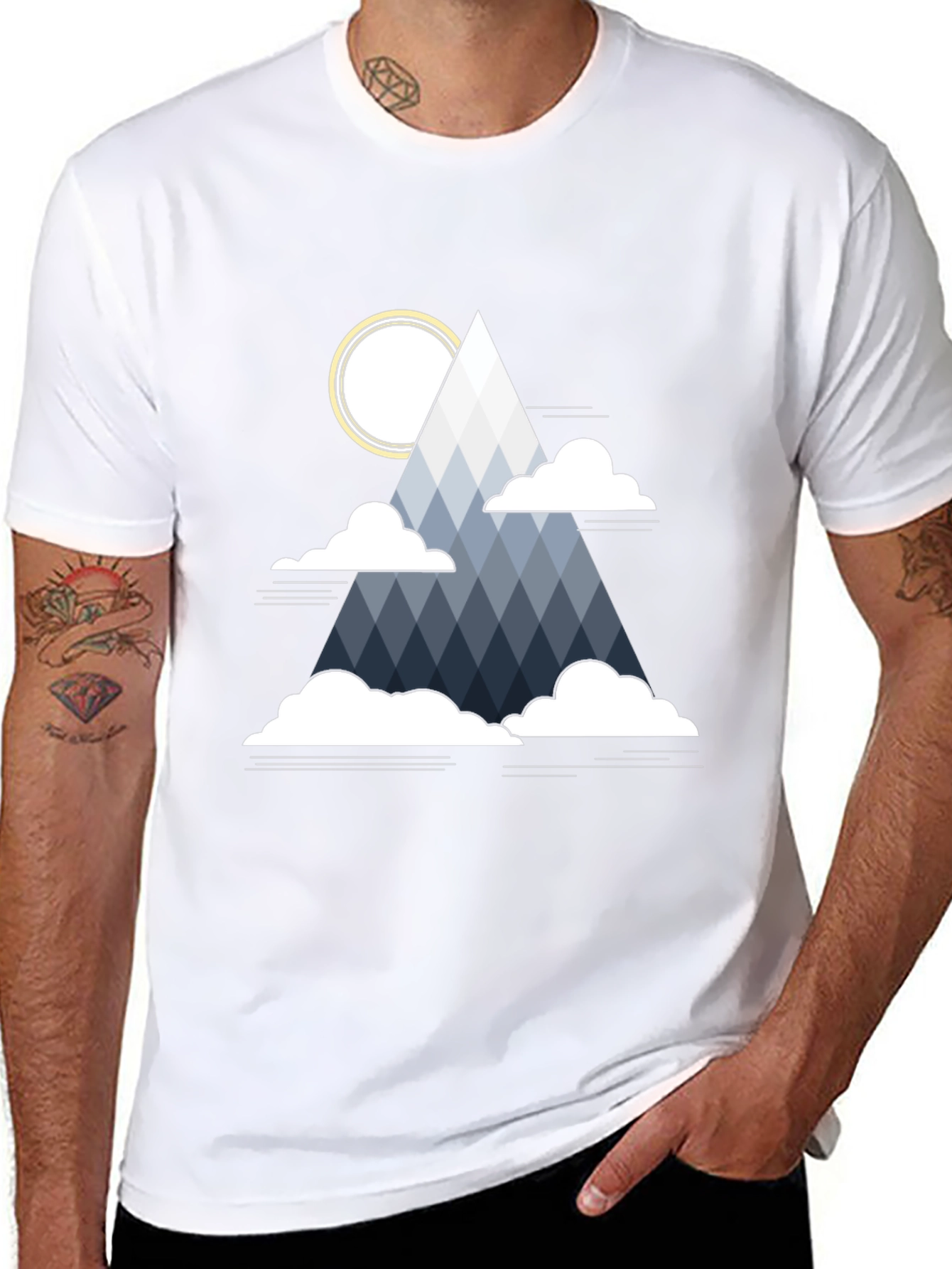 Geometric Mountain & Sun Graphic Tee - Black
