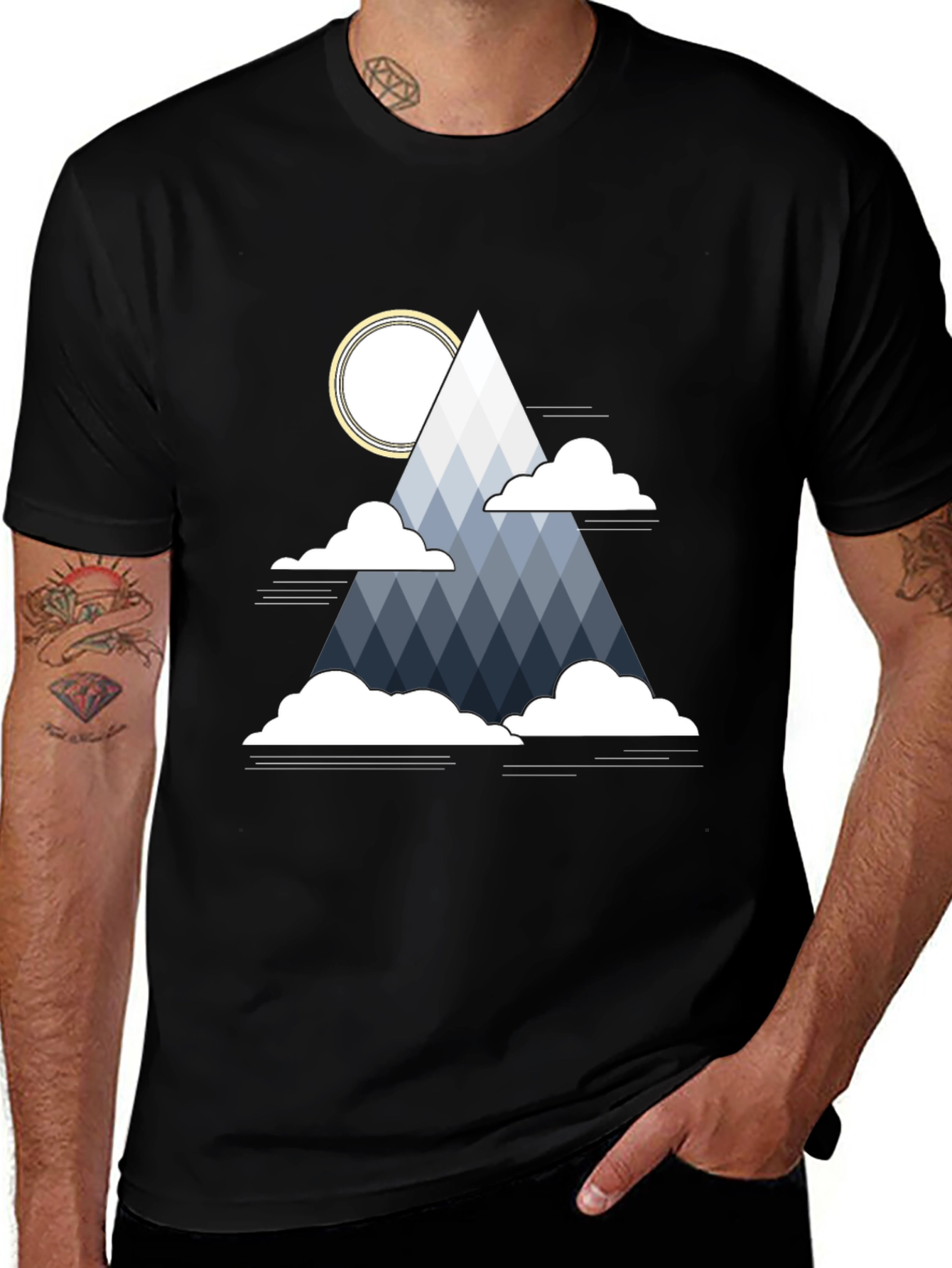 Geometric Mountain & Sun Graphic Tee - Black