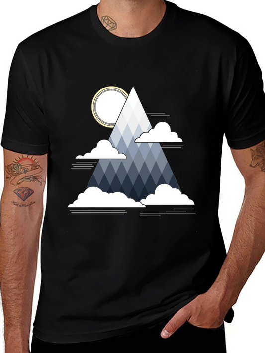 Geometric Mountain & Sun Graphic Tee - Black