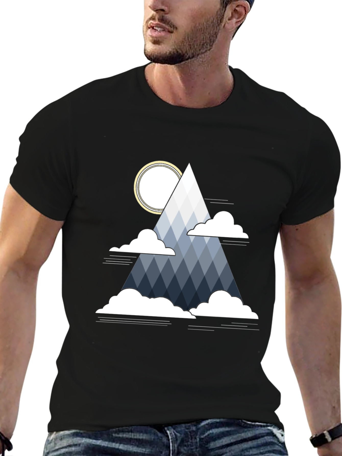Geometric Mountain & Sun Graphic Tee - Black