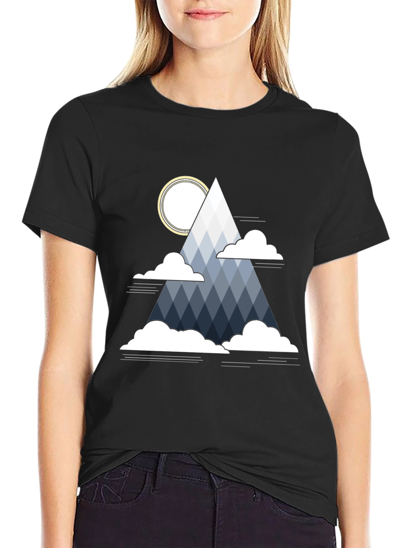 Geometric Mountain & Sun Graphic Tee - Black